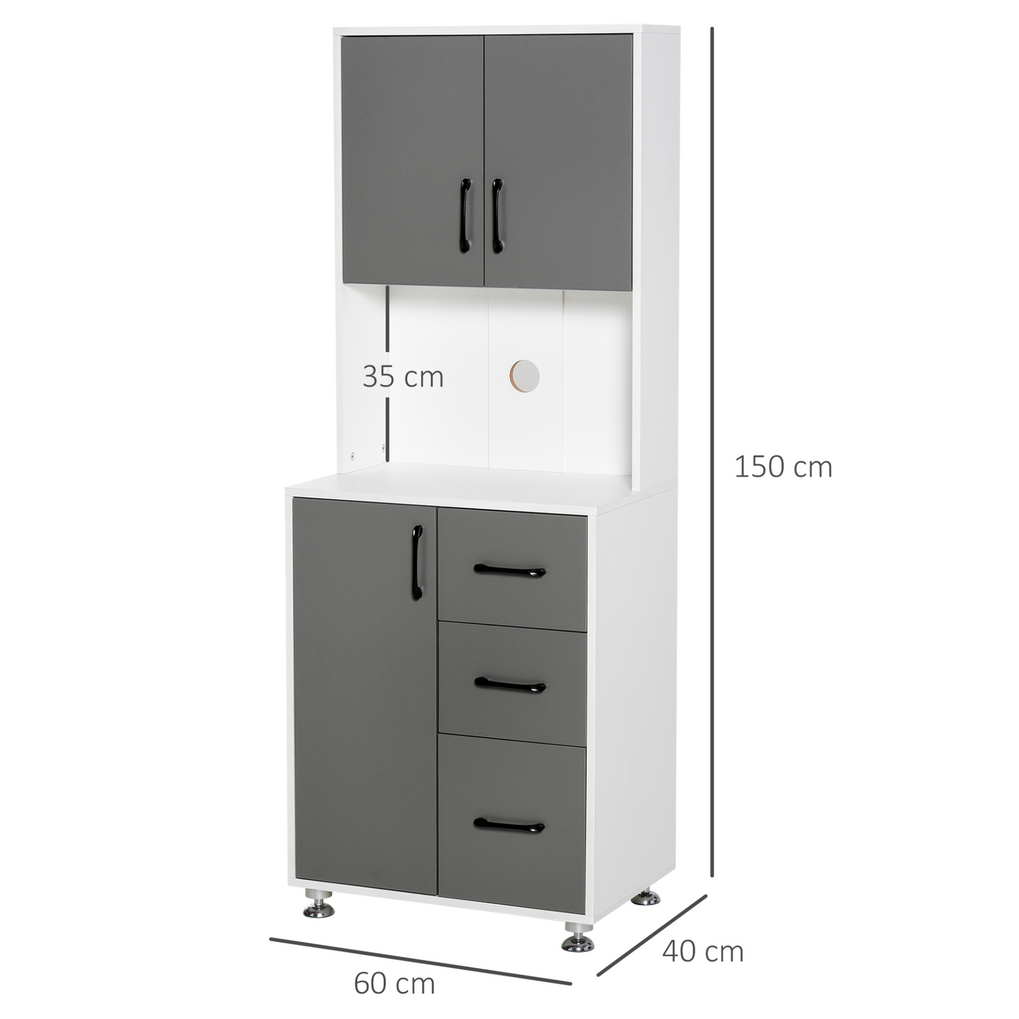 HOMCOM Modern Grey Kitchen Cupboard with Storage Cabinets, 3 Drawers, and Open Countertop for Living Room - BEYRUN