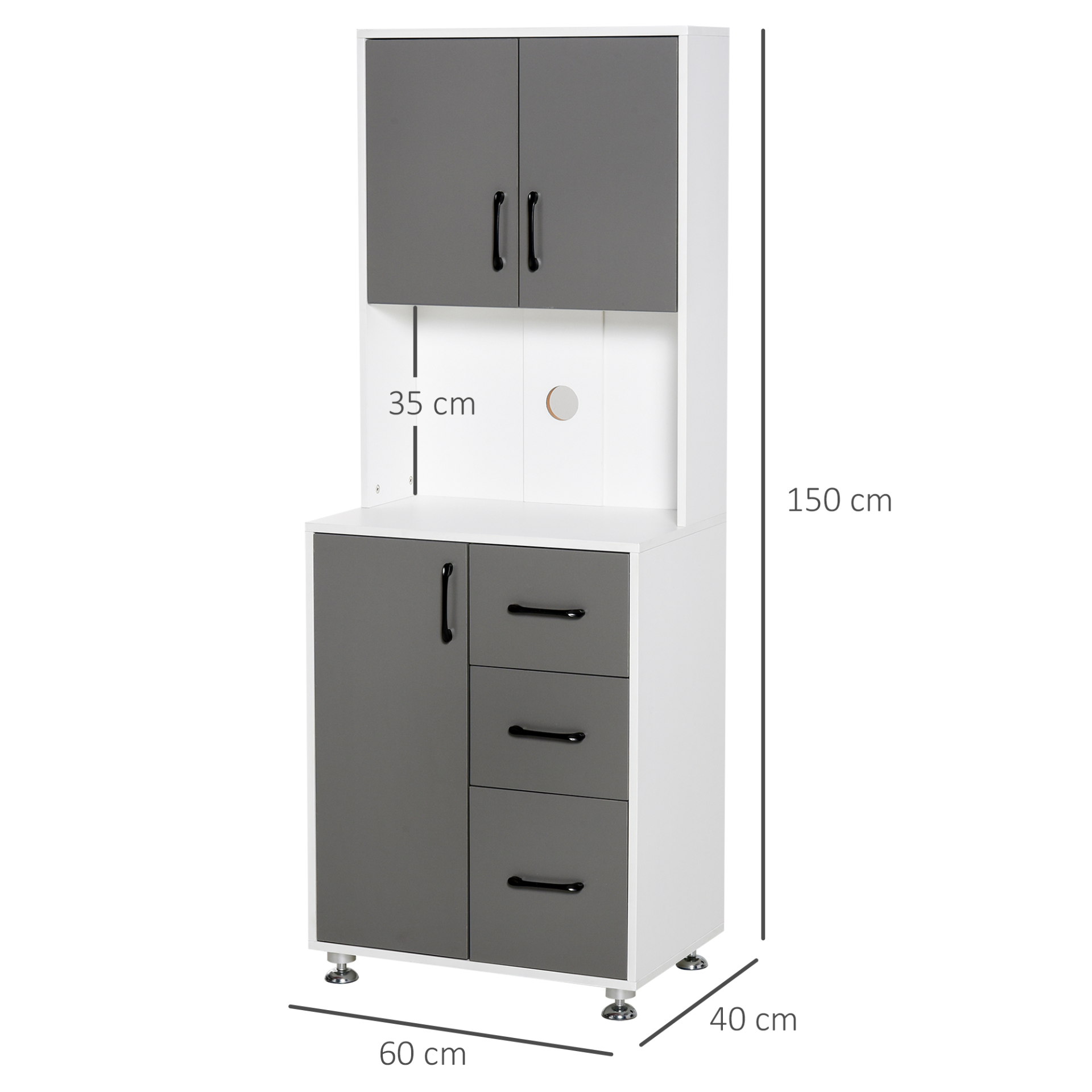 HOMCOM Modern Grey Kitchen Cupboard with Storage Cabinets, 3 Drawers, and Open Countertop for Living Room - BEYRUN