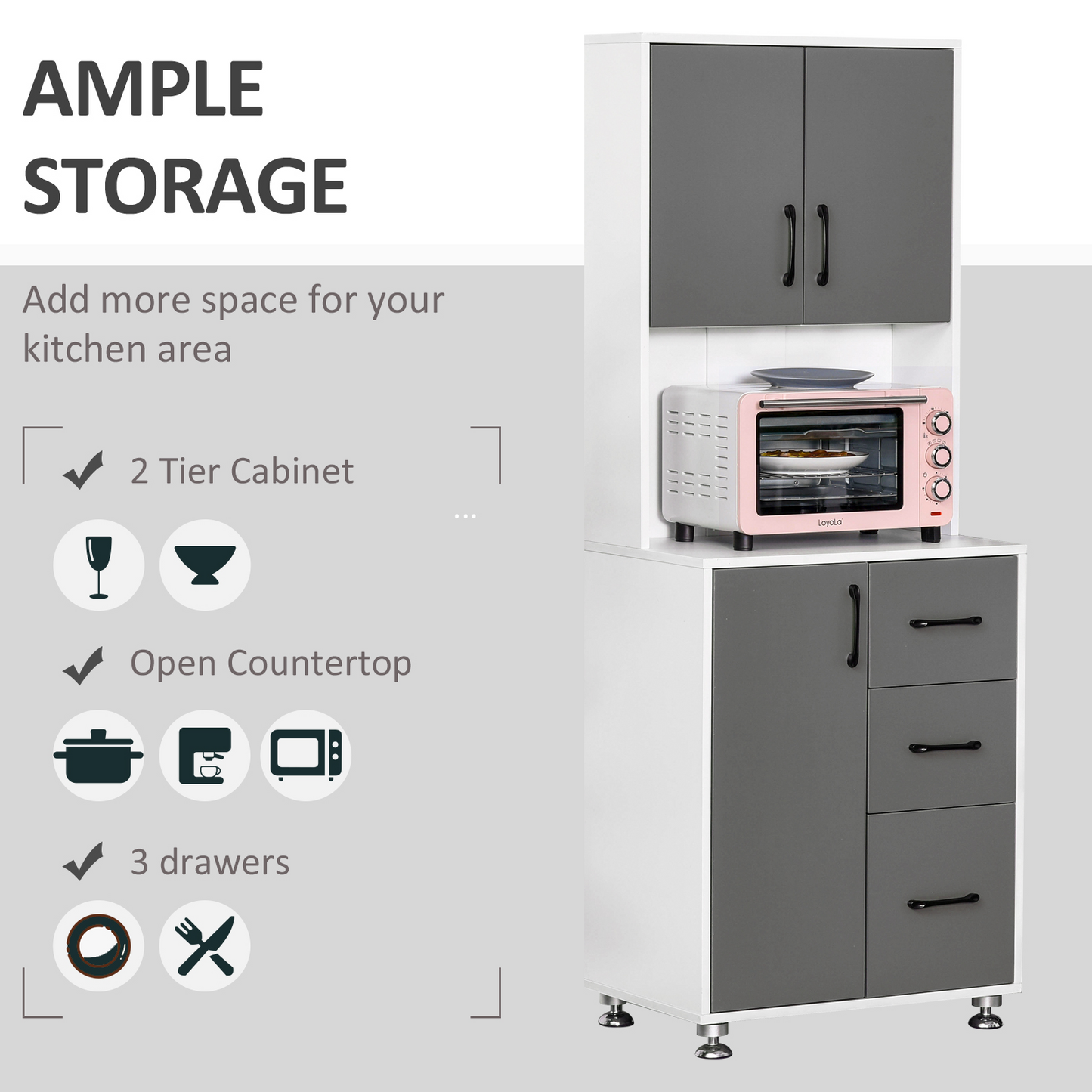 HOMCOM Modern Grey Kitchen Cupboard with Storage Cabinets, 3 Drawers, and Open Countertop for Living Room - BEYRUN