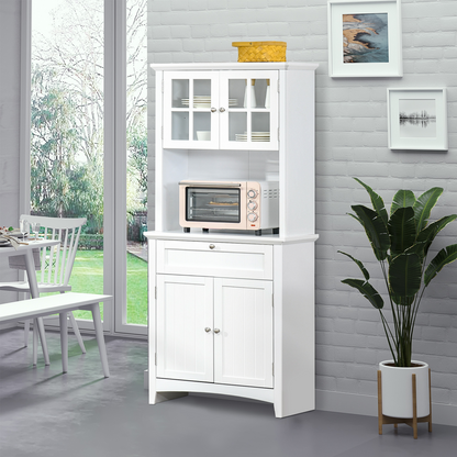 HOMCOM Kitchen Cupboard - Stylish Wooden Storage Cabinet with Glass Door, Drawer, and Microwave Space - Perfect for Dining and Living Room, White - BEYRUN