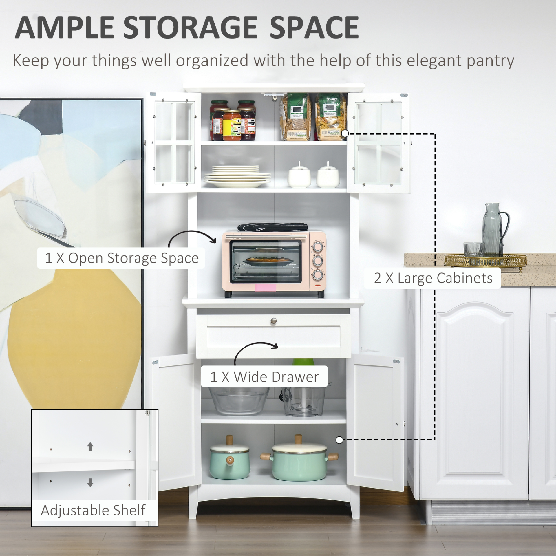 HOMCOM Kitchen Cupboard - Stylish Wooden Storage Cabinet with Glass Door, Drawer, and Microwave Space - Perfect for Dining and Living Room, White - BEYRUN