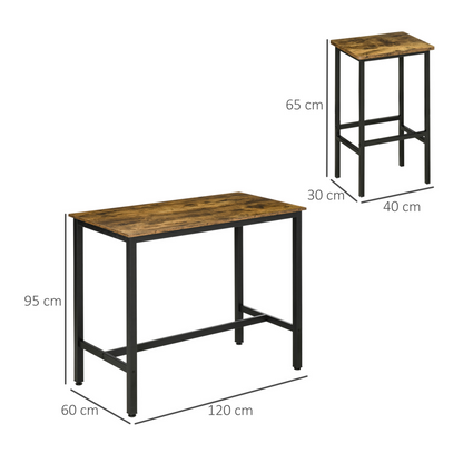 HOMCOM Industrial Bar Table Set - 3-Piece Counter Height Dining Table with 2 Stools, Rustic Brown Breakfast Table for Kitchen & Living Room - BEYRUN