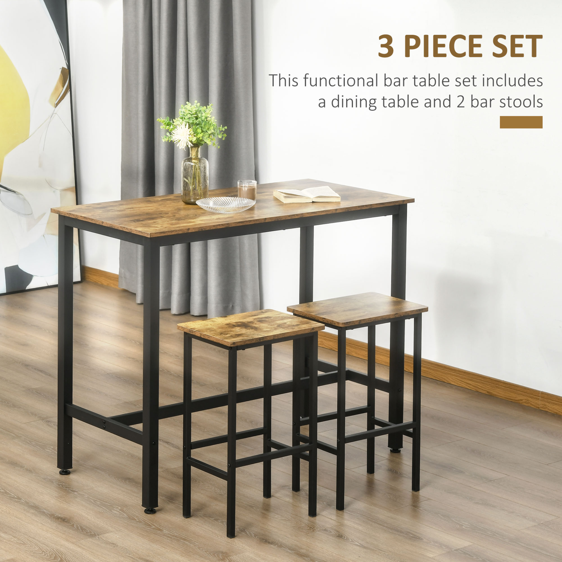 HOMCOM Industrial Bar Table Set - 3-Piece Counter Height Dining Table with 2 Stools, Rustic Brown Breakfast Table for Kitchen & Living Room - BEYRUN