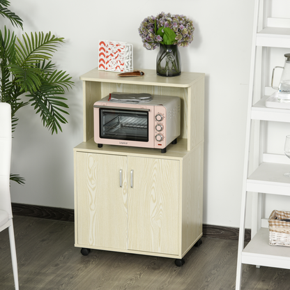 HOMCOM Kitchen Storage Unit - Modern Microwave Stand, Sideboard with Cabinet, Locking Wheels, Oak Tone - BEYRUN