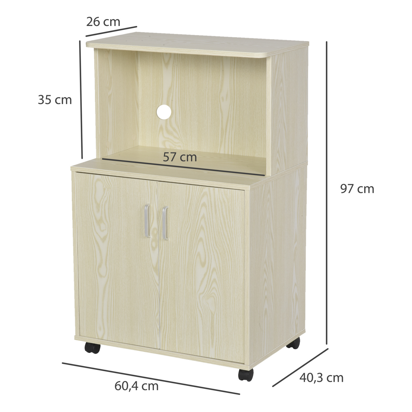 HOMCOM Kitchen Storage Unit - Modern Microwave Stand, Sideboard with Cabinet, Locking Wheels, Oak Tone - BEYRUN