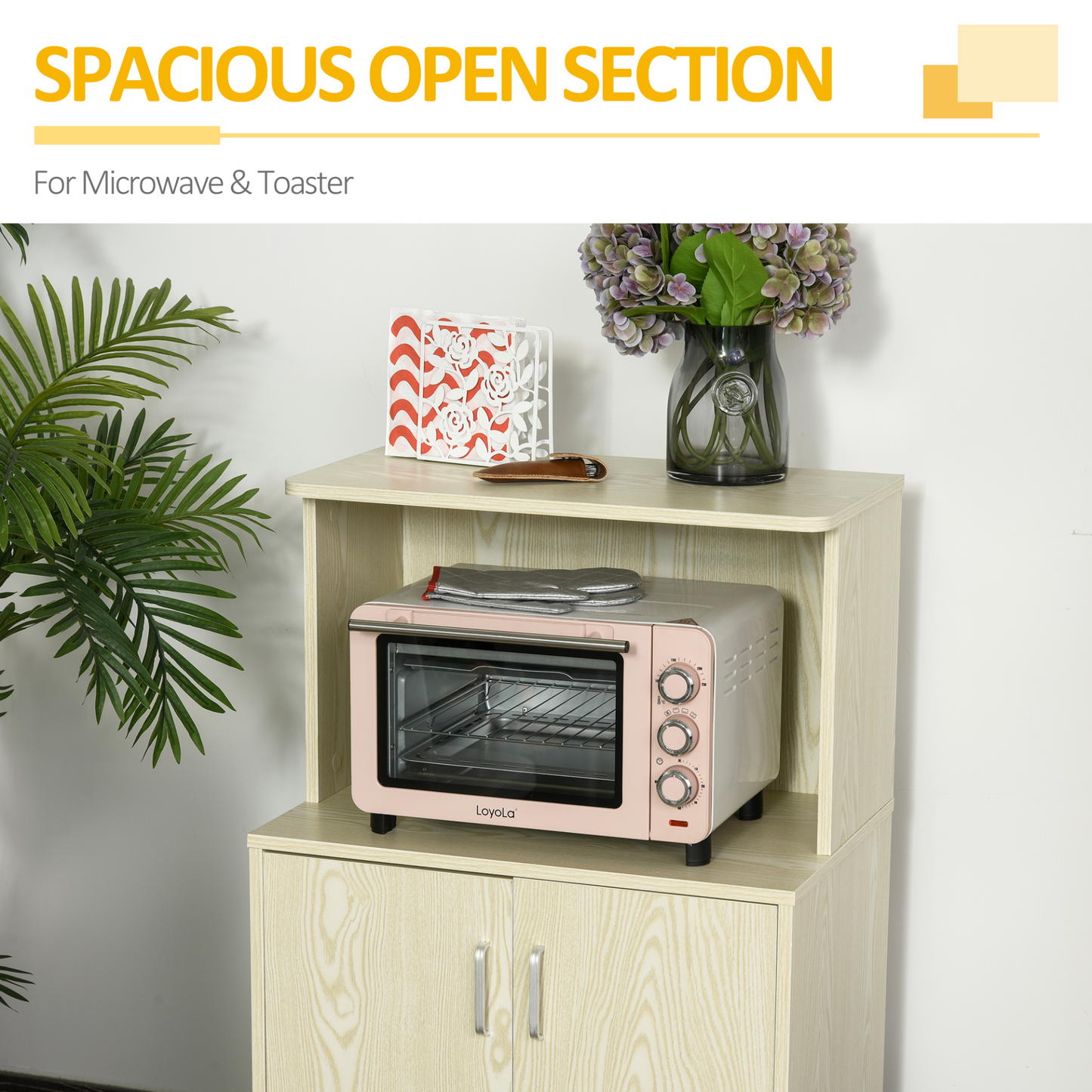 HOMCOM Kitchen Storage Unit - Modern Microwave Stand, Sideboard with Cabinet, Locking Wheels, Oak Tone - BEYRUN