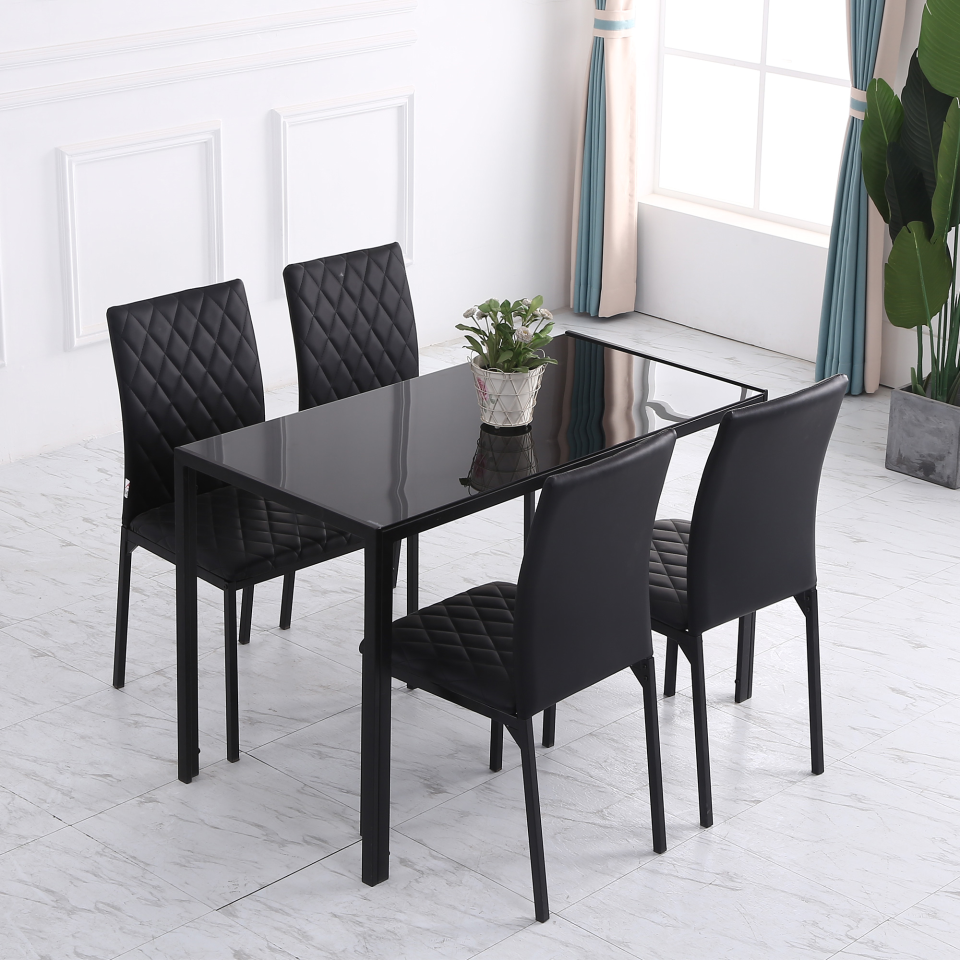 HOMCOM Set of 4 Modern Faux Leather Dining Chairs - Elegant Upholstered Accent Chairs with Metal Legs for Kitchen & Dining Room, Black - BEYRUN