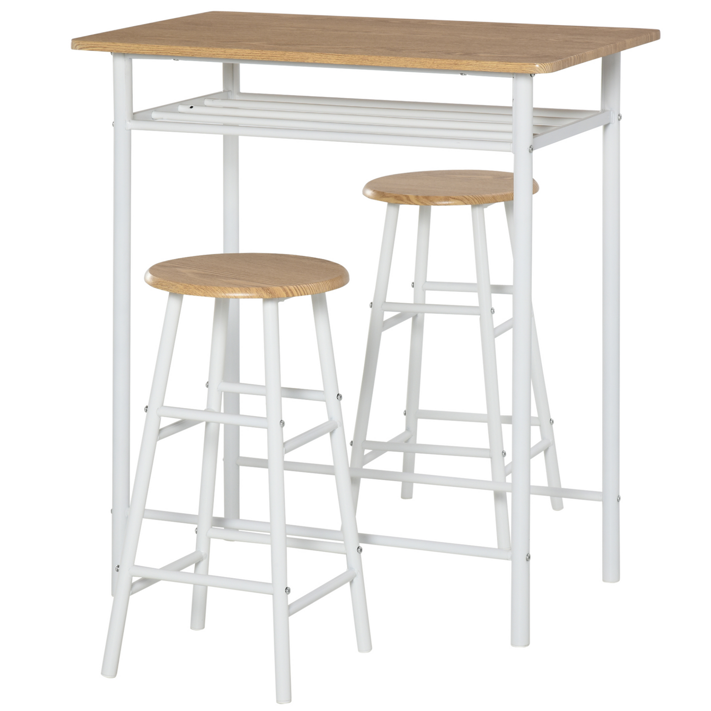 HOMCOM 3-Piece Bar Table Set with Storage Shelf & Footrest - Perfect for Kitchen, Dining Room, Pub, Cafe - White & Oak - BEYRUN