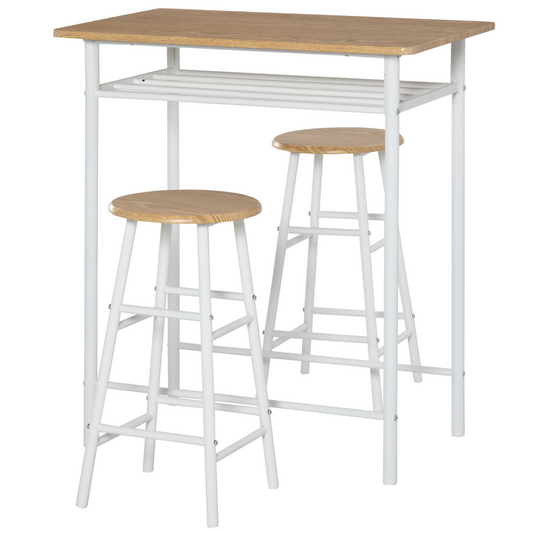 HOMCOM 3-Piece Bar Table Set with Storage Shelf & Footrest - Perfect for Kitchen, Dining Room, Pub, Cafe - White & Oak - BEYRUN