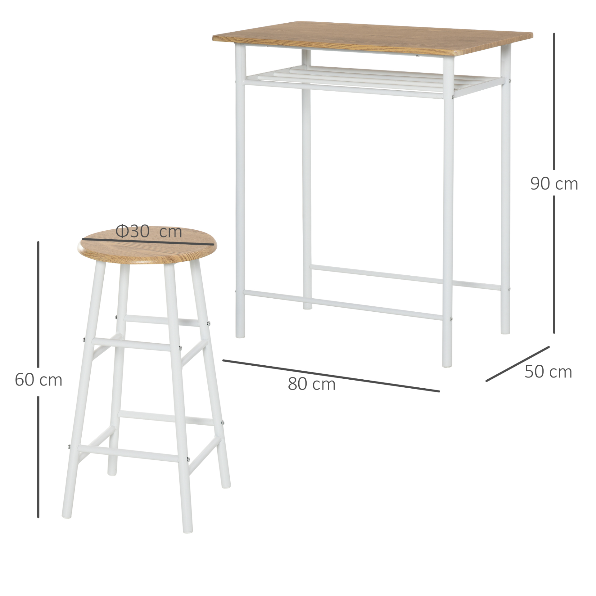 HOMCOM 3-Piece Bar Table Set with Storage Shelf & Footrest - Perfect for Kitchen, Dining Room, Pub, Cafe - White & Oak - BEYRUN