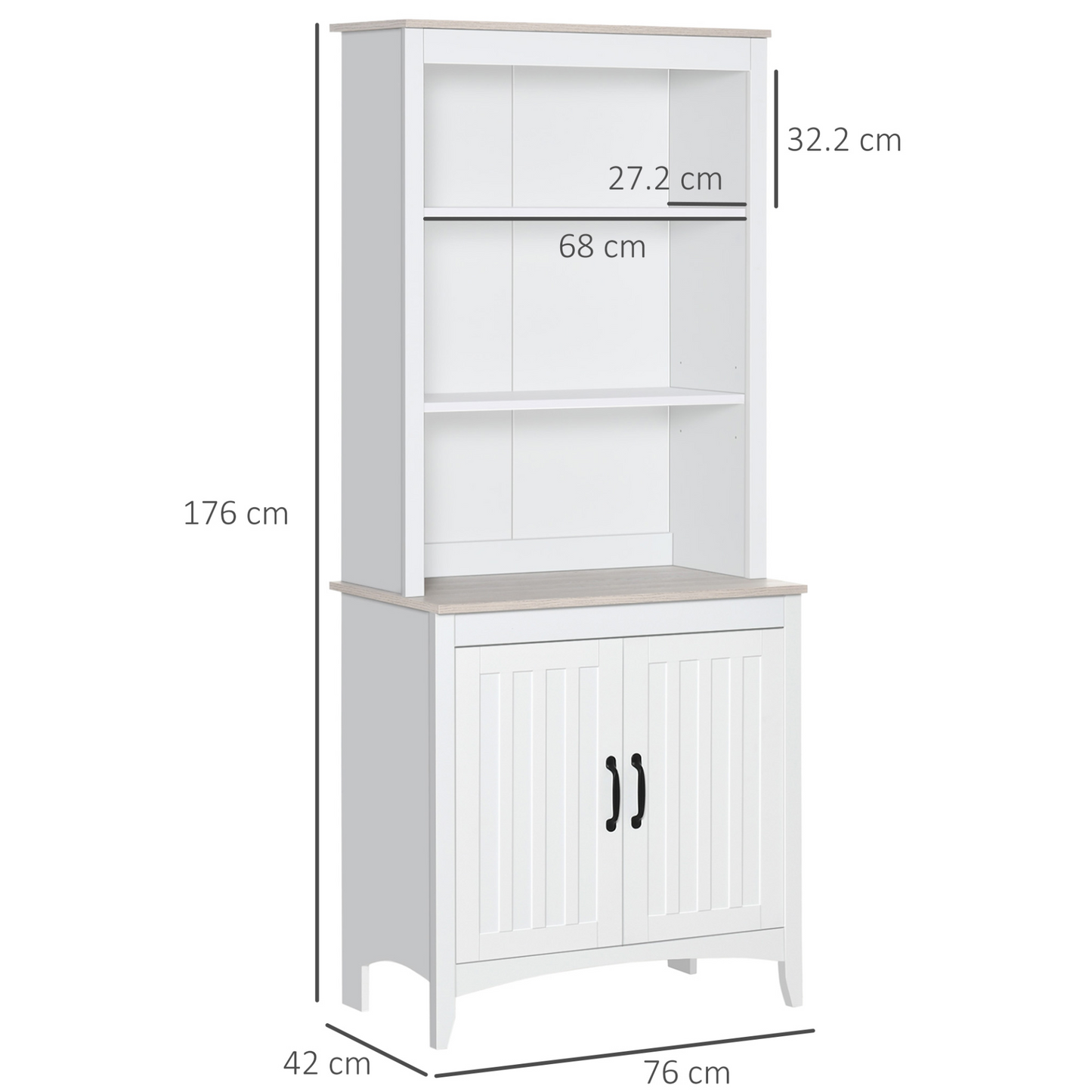 HOMCOM White Kitchen Cupboard with Adjustable Shelves, Double-Door Storage Cabinet, 3-Tier Shelving Bookcase for Kitchen, Living Room, Study Room - BEYRUN