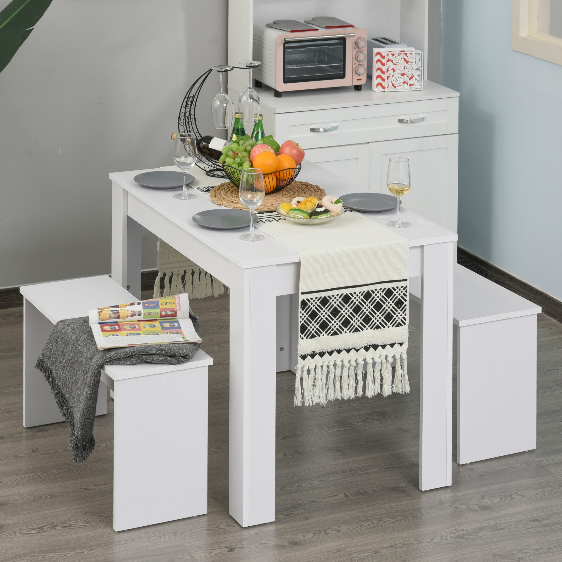 HOMCOM White Kitchen Dining Table and 2 Bench Set - Modern Compact Furniture for Small Spaces - BEYRUN