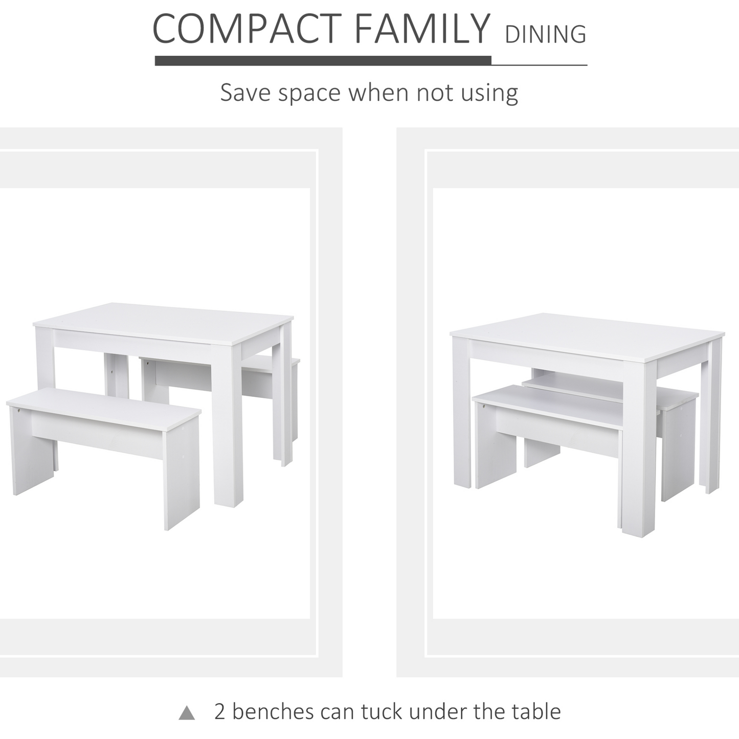 HOMCOM White Kitchen Dining Table and 2 Bench Set - Modern Compact Furniture for Small Spaces - BEYRUN