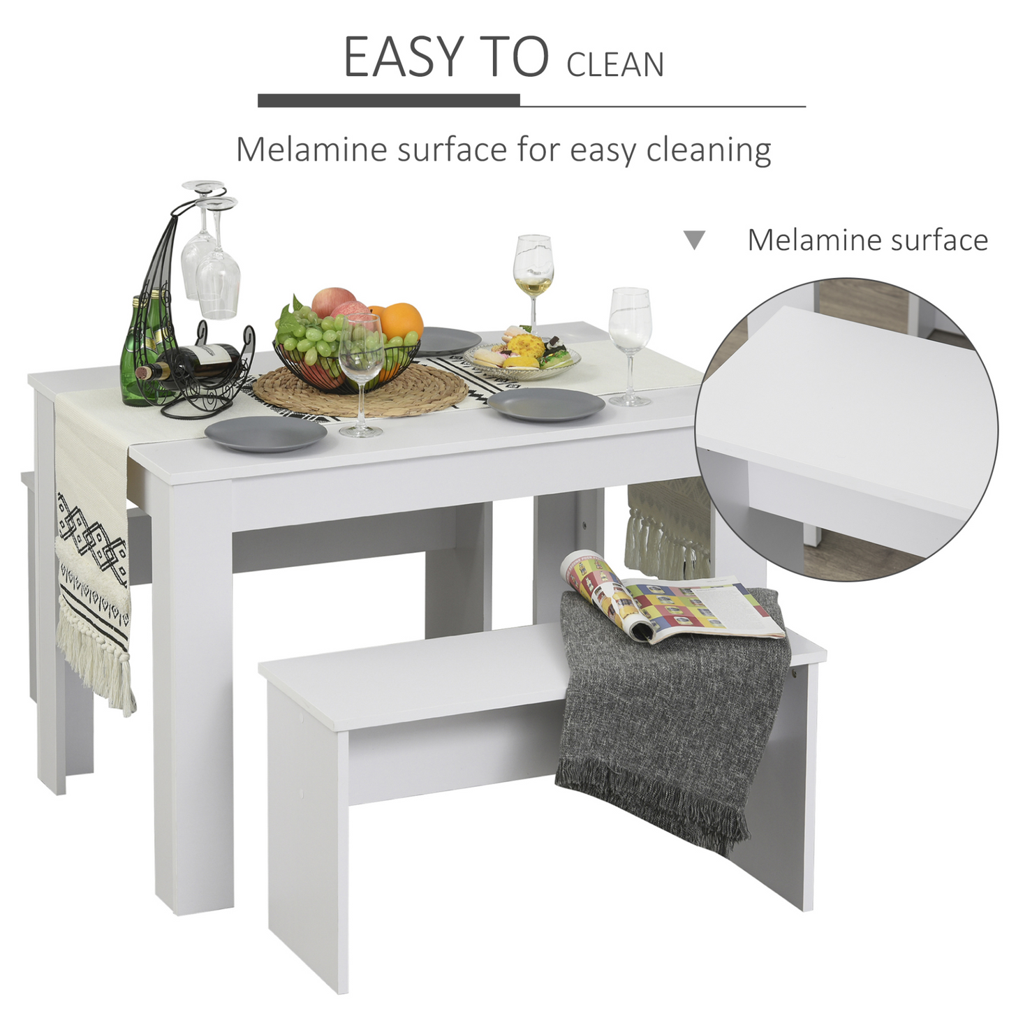 HOMCOM White Kitchen Dining Table and 2 Bench Set - Modern Compact Furniture for Small Spaces - BEYRUN