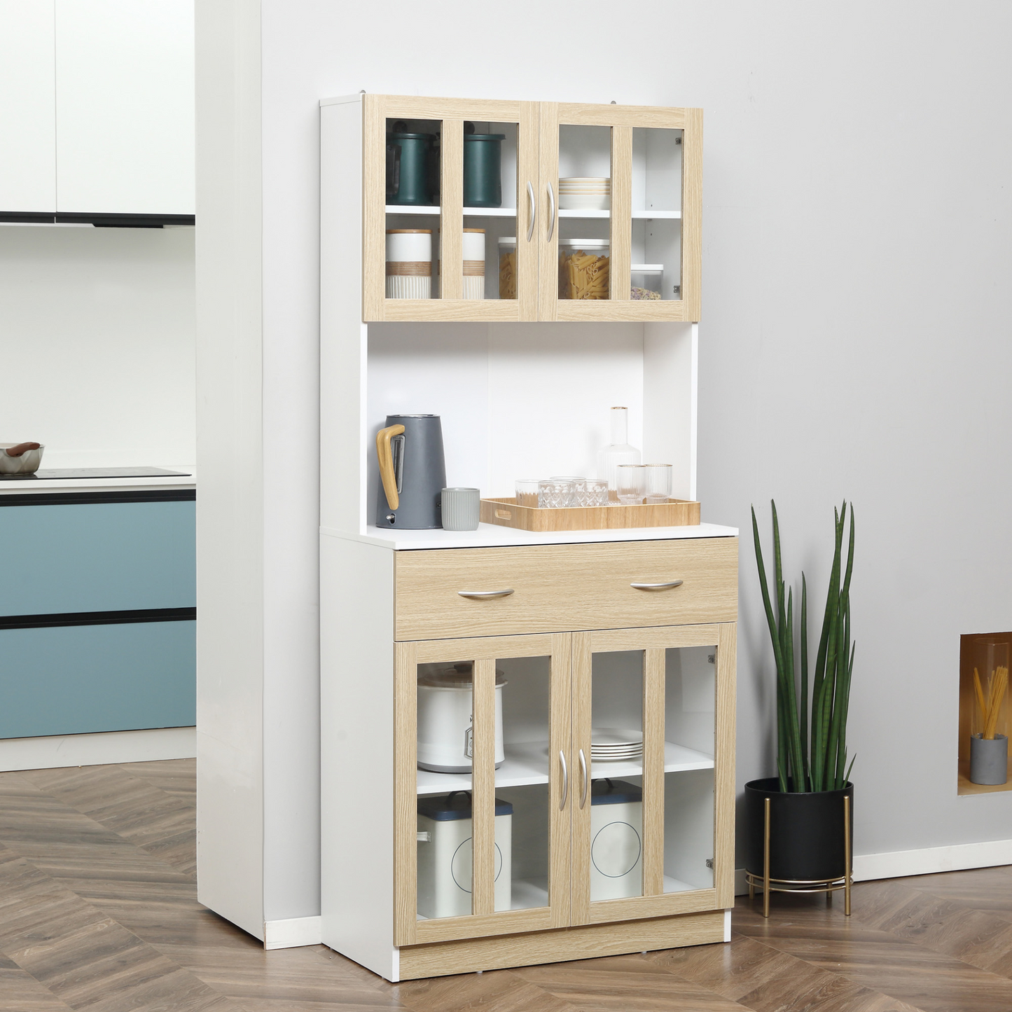 HOMCOM Modern 180cm Freestanding Kitchen Cupboard with Glass Door Cabinets and Central Drawer - BEYRUN