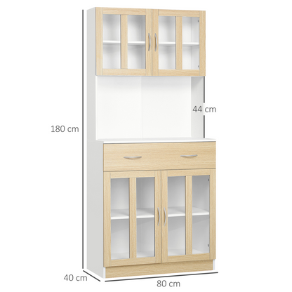 HOMCOM Modern 180cm Freestanding Kitchen Cupboard with Glass Door Cabinets and Central Drawer - BEYRUN