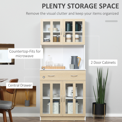 HOMCOM Modern 180cm Freestanding Kitchen Cupboard with Glass Door Cabinets and Central Drawer - BEYRUN