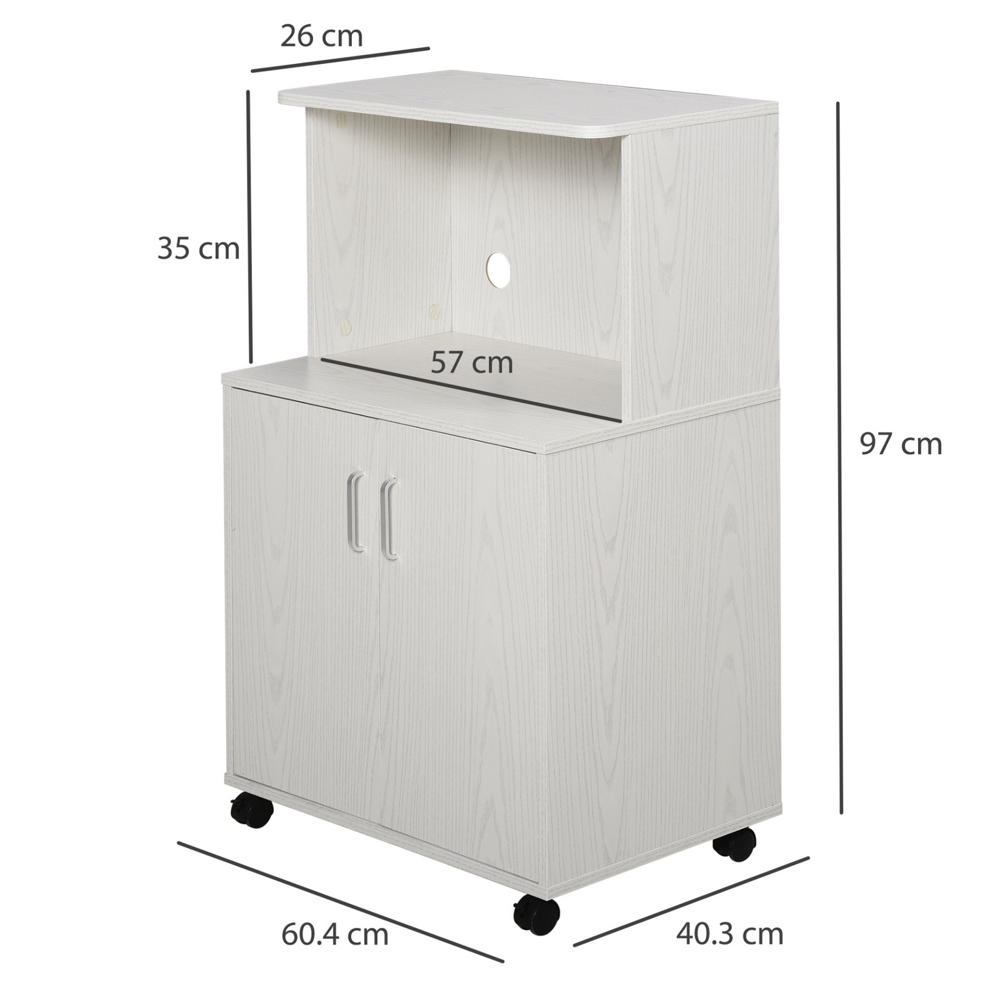 HOMCOM Kitchen Storage Unit - Modern Microwave Stand Trolley Cart with Locking Wheels & Cabinet, White Shelf for Living Room & Dining Room - BEYRUN