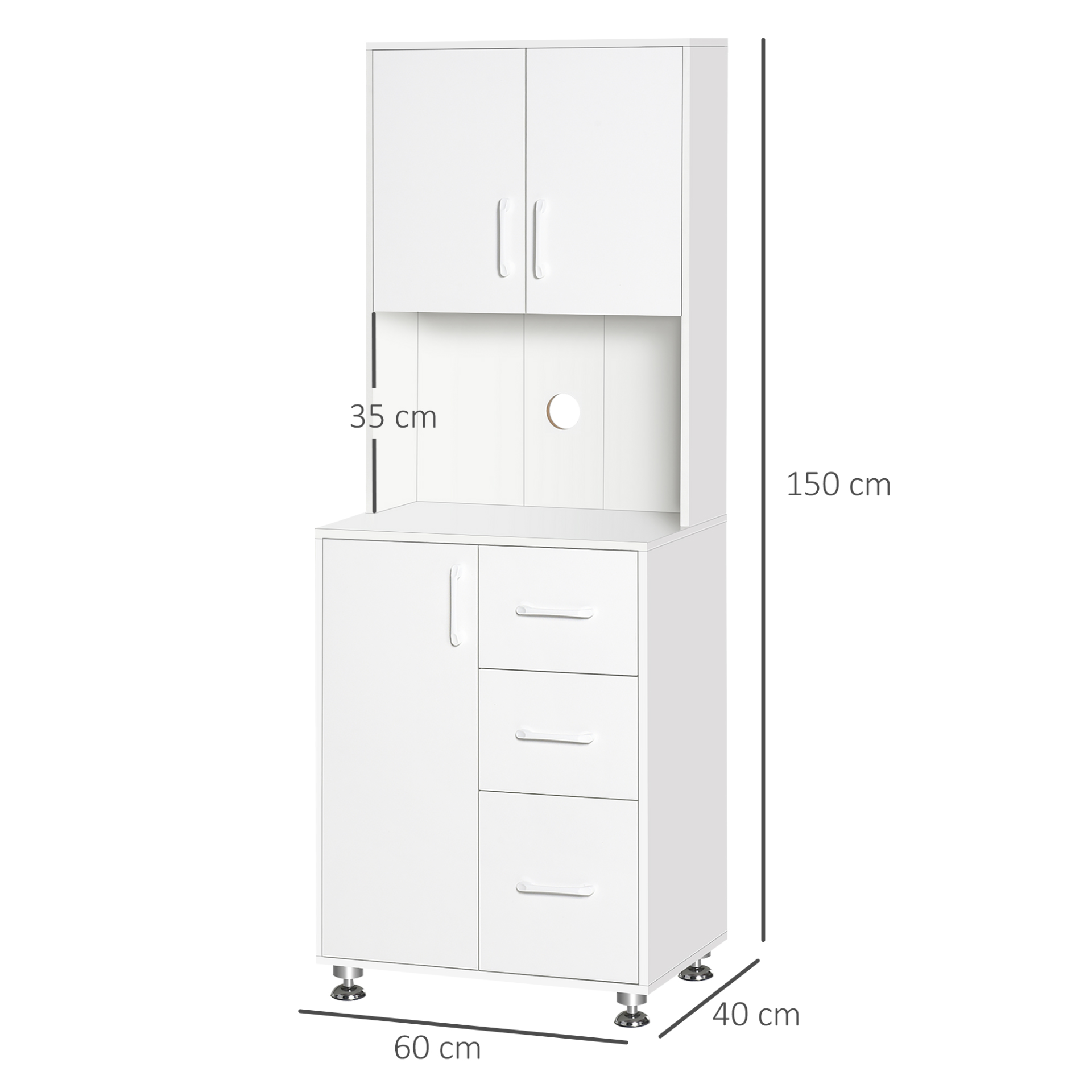 HOMCOM Modern Kitchen Cupboard with Ample Storage, 3 Drawers & Open Countertop - White | Sleek & Versatile Storage Solution - BEYRUN