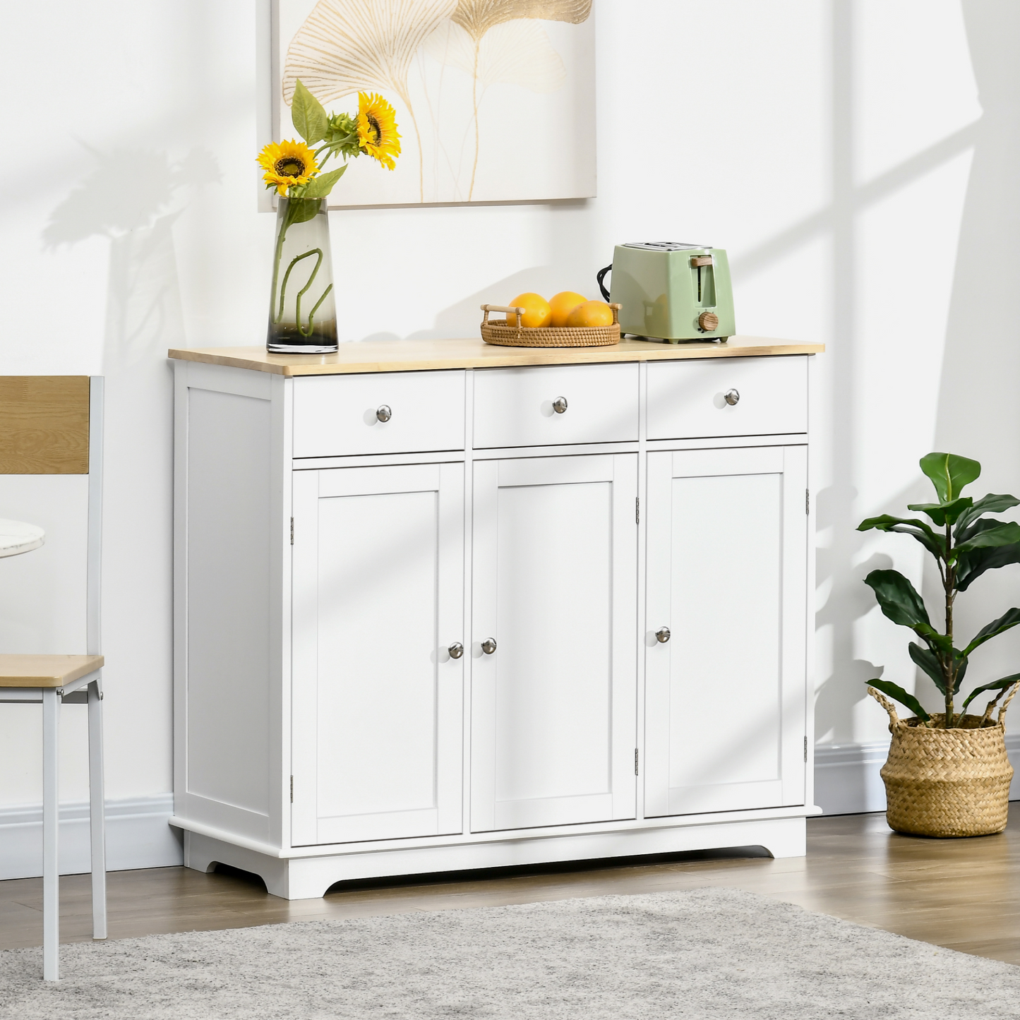 HOMCOM Modern Sideboard with Rubberwood Top - Multi-Storage Buffet Cabinet for Living Room & Kitchen, White - BEYRUN