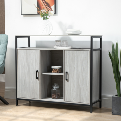 HOMCOM Modern Sideboard Storage Cabinet with Steel Frame & Adjustable Shelves, Light Grey - BEYRUN