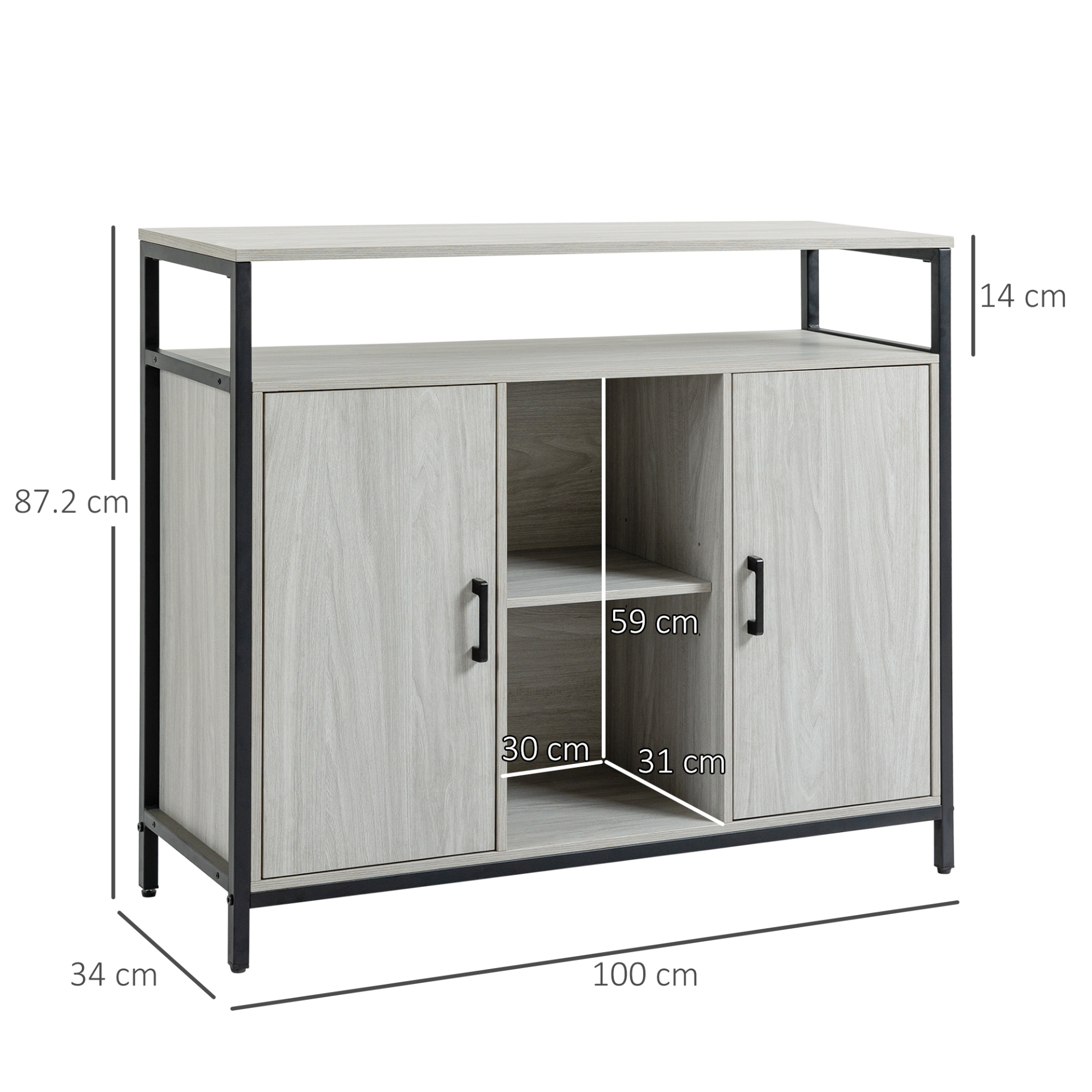 HOMCOM Modern Sideboard Storage Cabinet with Steel Frame & Adjustable Shelves, Light Grey - BEYRUN