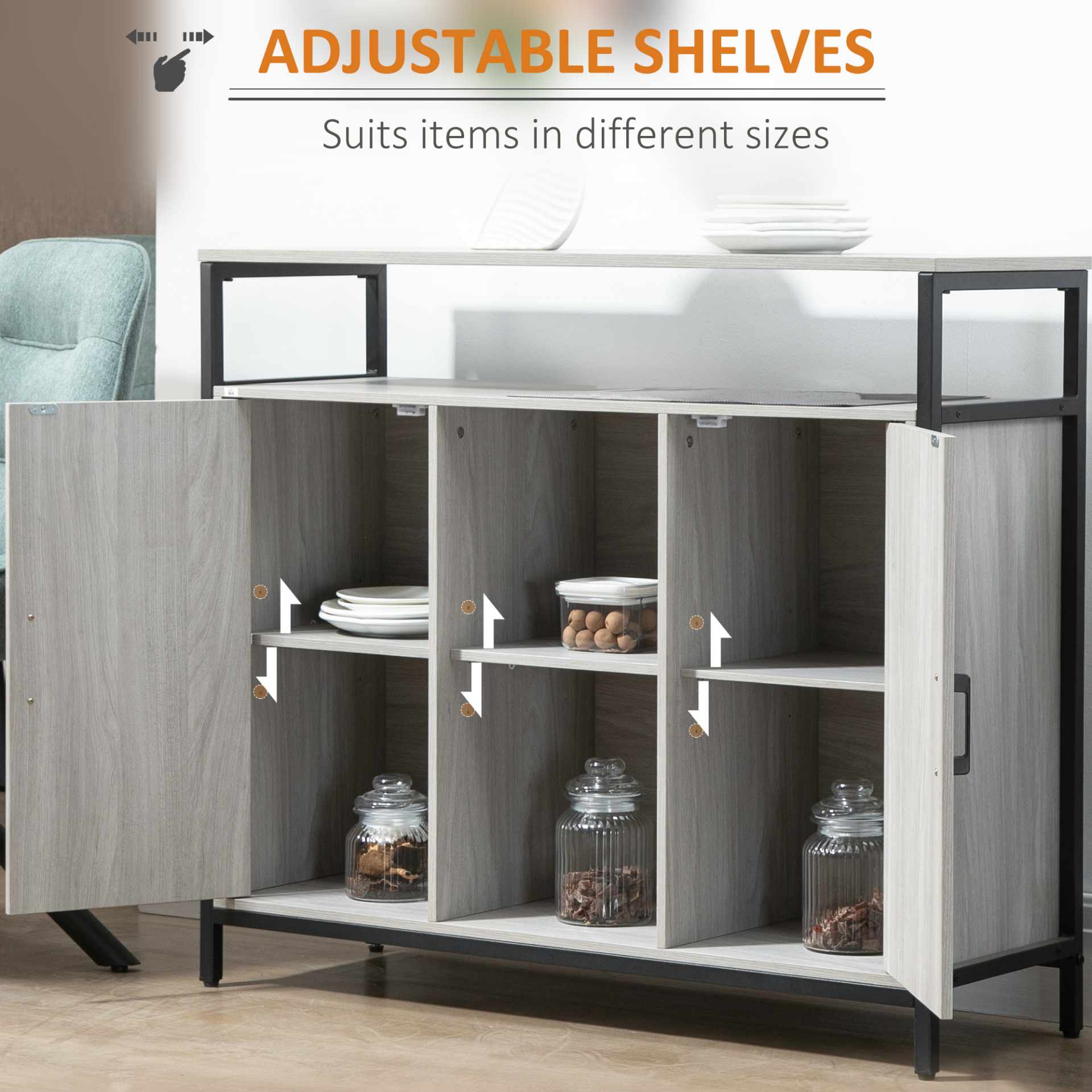 HOMCOM Modern Sideboard Storage Cabinet with Steel Frame & Adjustable Shelves, Light Grey - BEYRUN