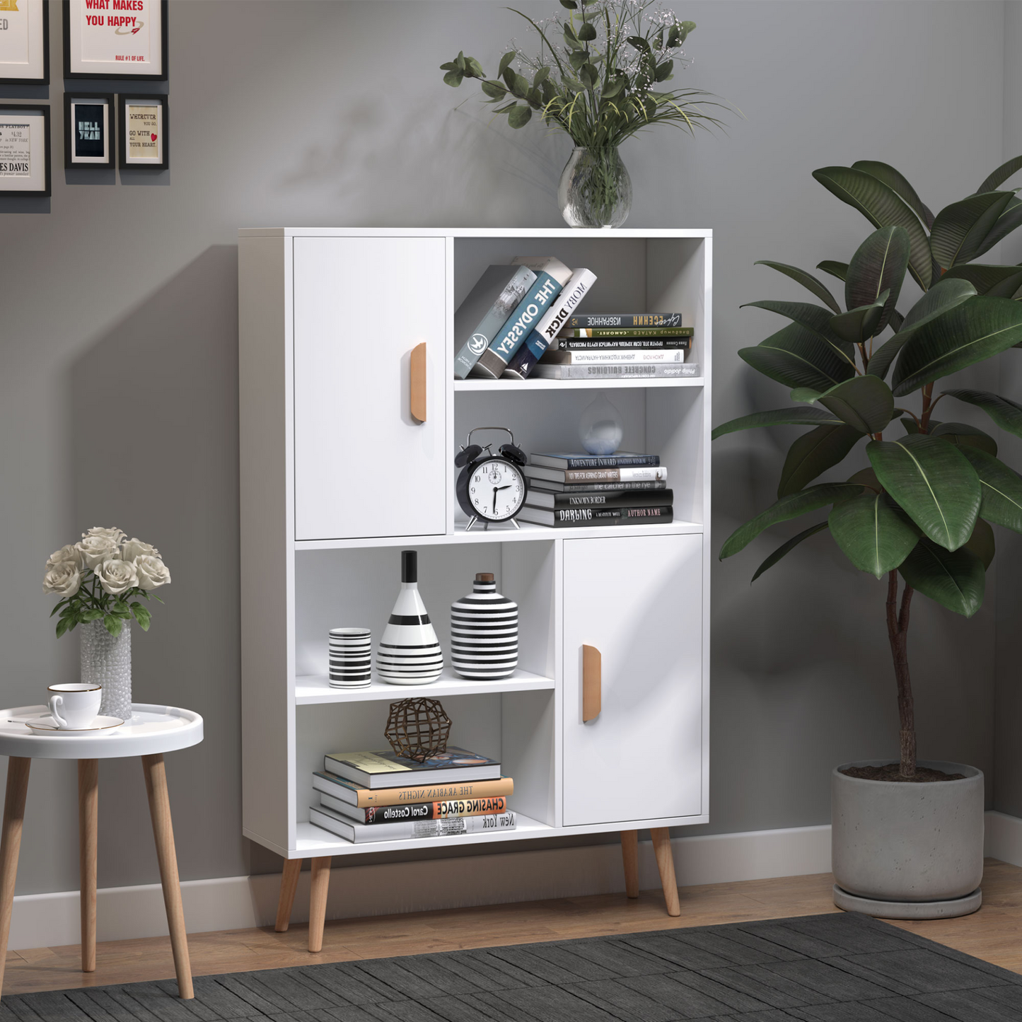 HOMCOM Sideboard Bookshelf - Free Standing Bookcase Shelves Unit with Wooden Legs - White - BEYRUN