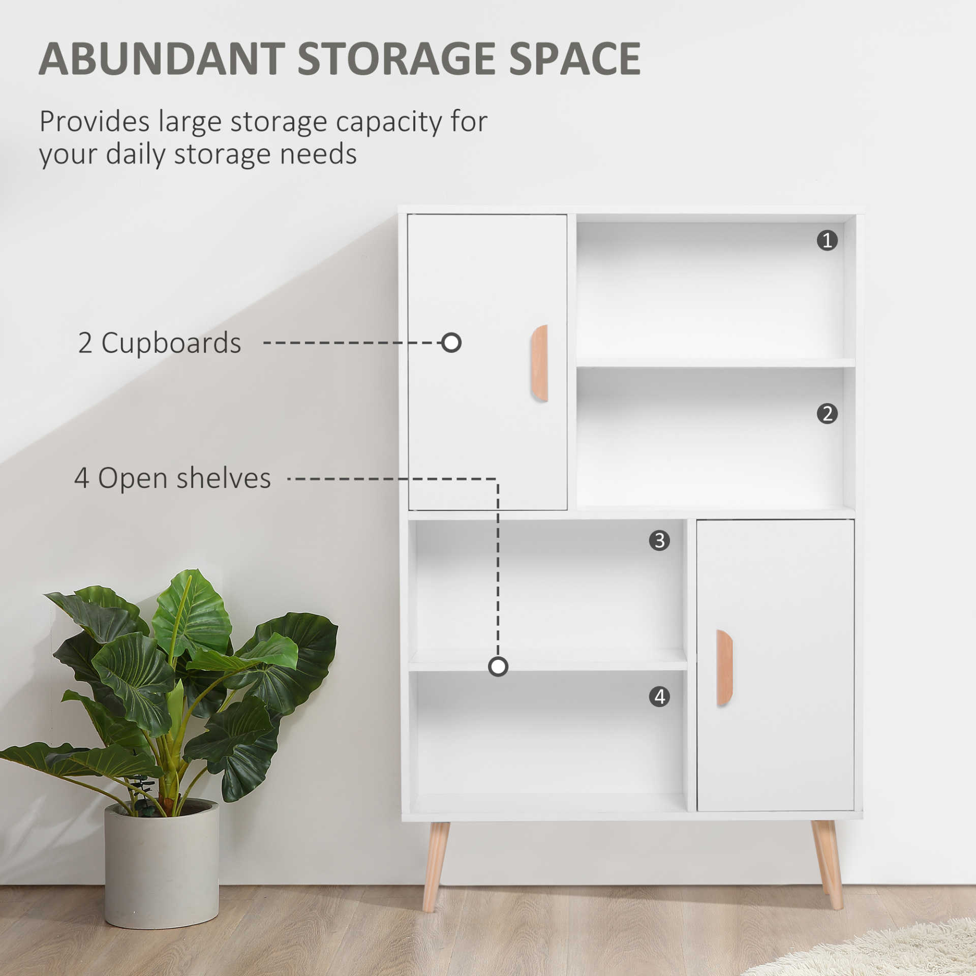 HOMCOM Sideboard Bookshelf - Free Standing Bookcase Shelves Unit with Wooden Legs - White - BEYRUN