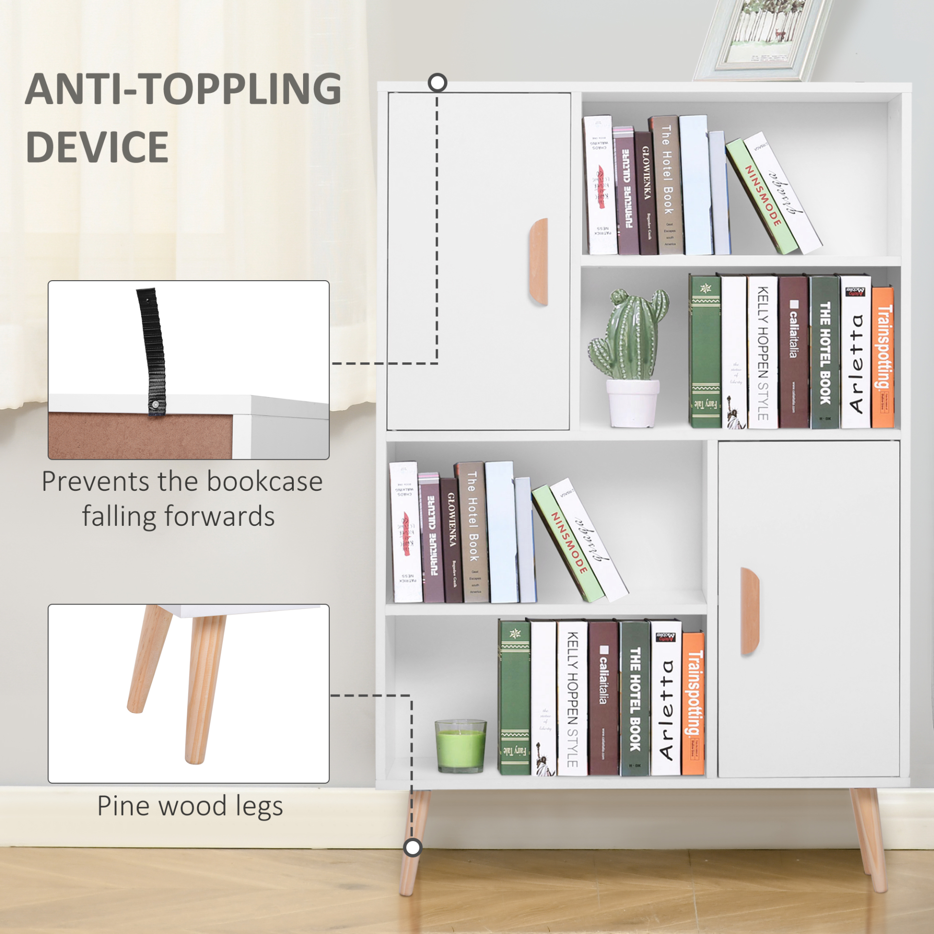 HOMCOM Sideboard Bookshelf - Free Standing Bookcase Shelves Unit with Wooden Legs - White - BEYRUN