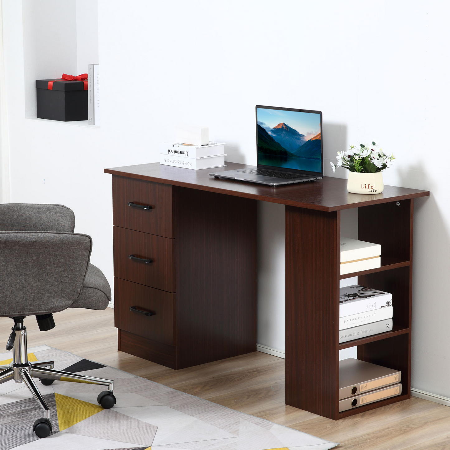 HOMCOM 120cm Walnut Brown Computer Desk with Storage Shelves and Drawers - Stylish Home Office Workstation - BEYRUN