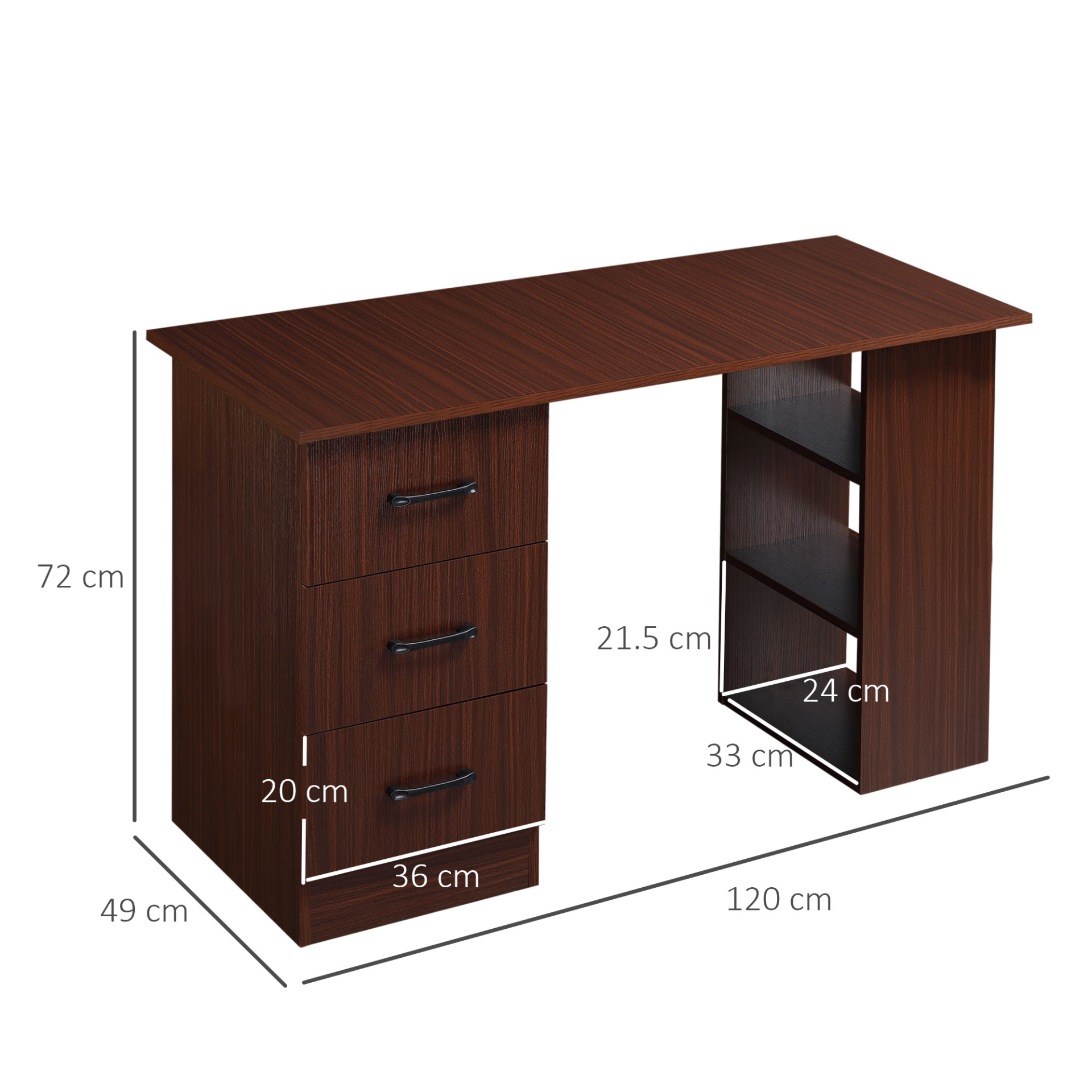 HOMCOM 120cm Walnut Brown Computer Desk with Storage Shelves and Drawers - Stylish Home Office Workstation - BEYRUN