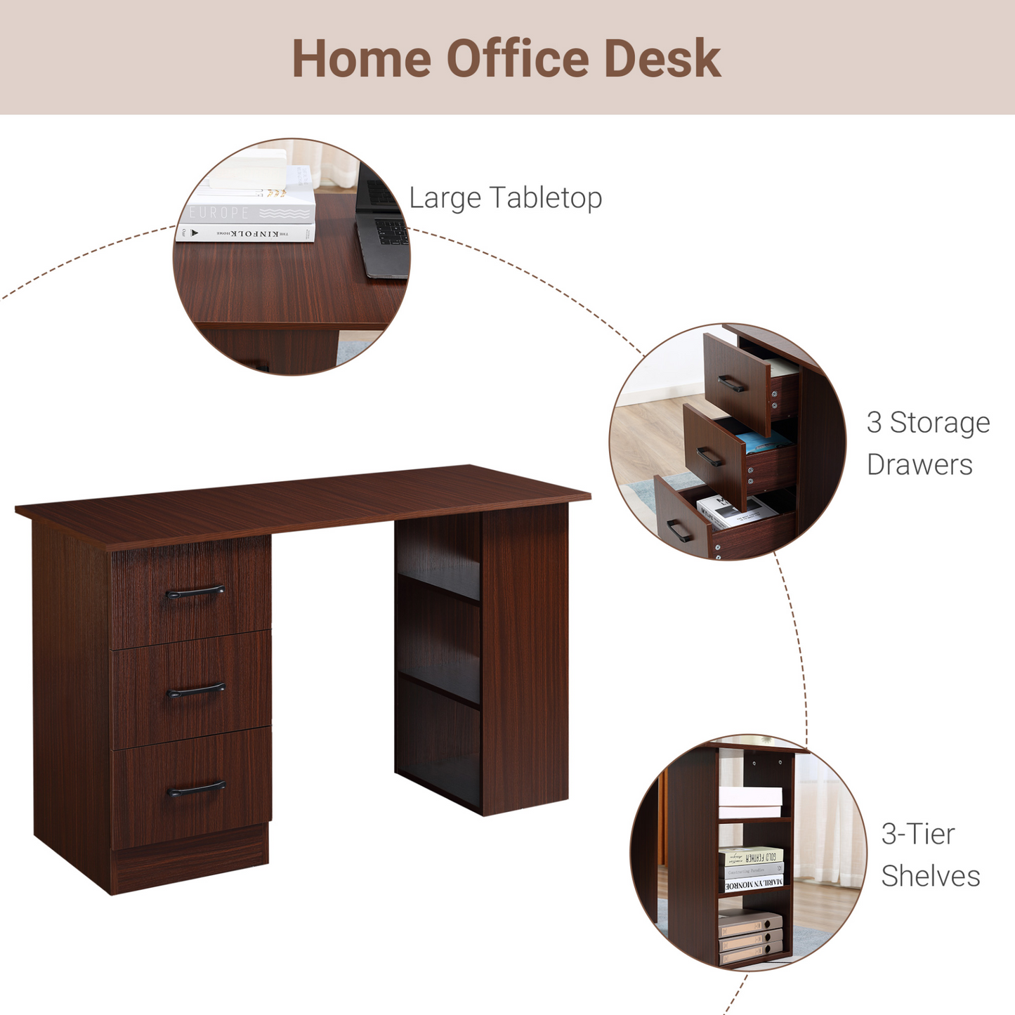 HOMCOM 120cm Walnut Brown Computer Desk with Storage Shelves and Drawers - Stylish Home Office Workstation - BEYRUN