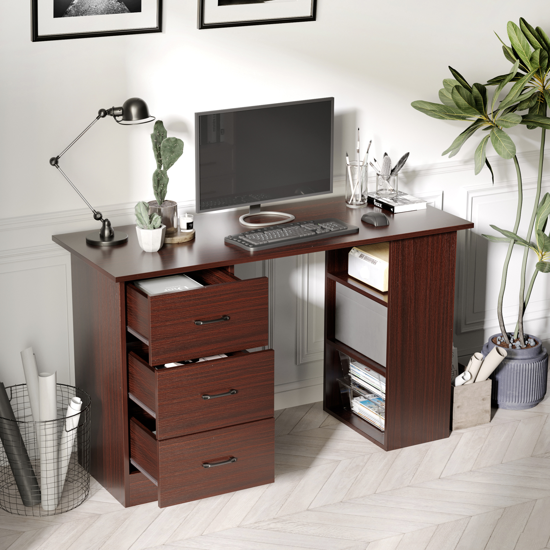 HOMCOM 120cm Walnut Brown Computer Desk with Storage Shelves and Drawers - Stylish Home Office Workstation - BEYRUN