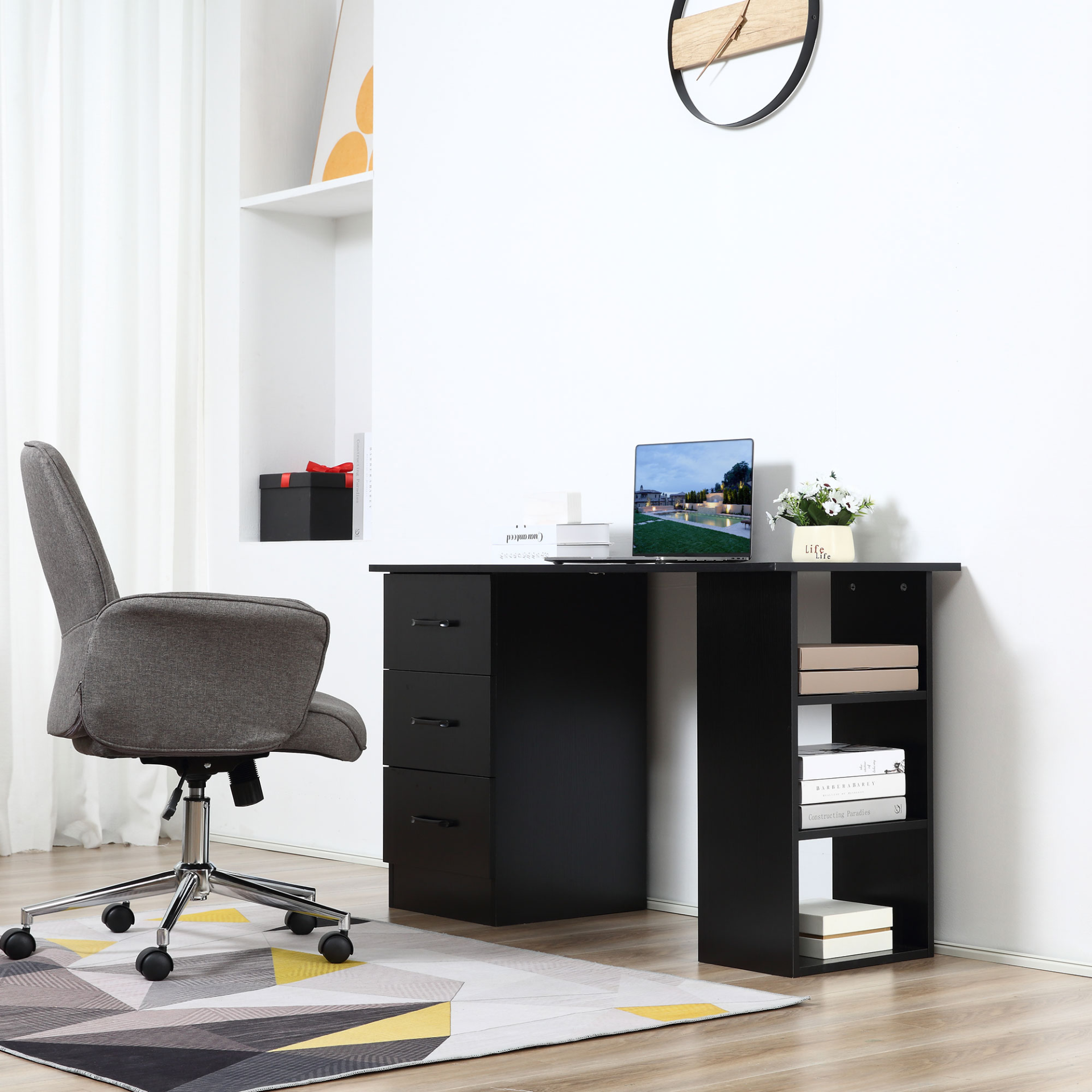 HOMCOM 120cm Computer Desk with Storage Shelves & Drawers | Home Office Workstation in Black - BEYRUN