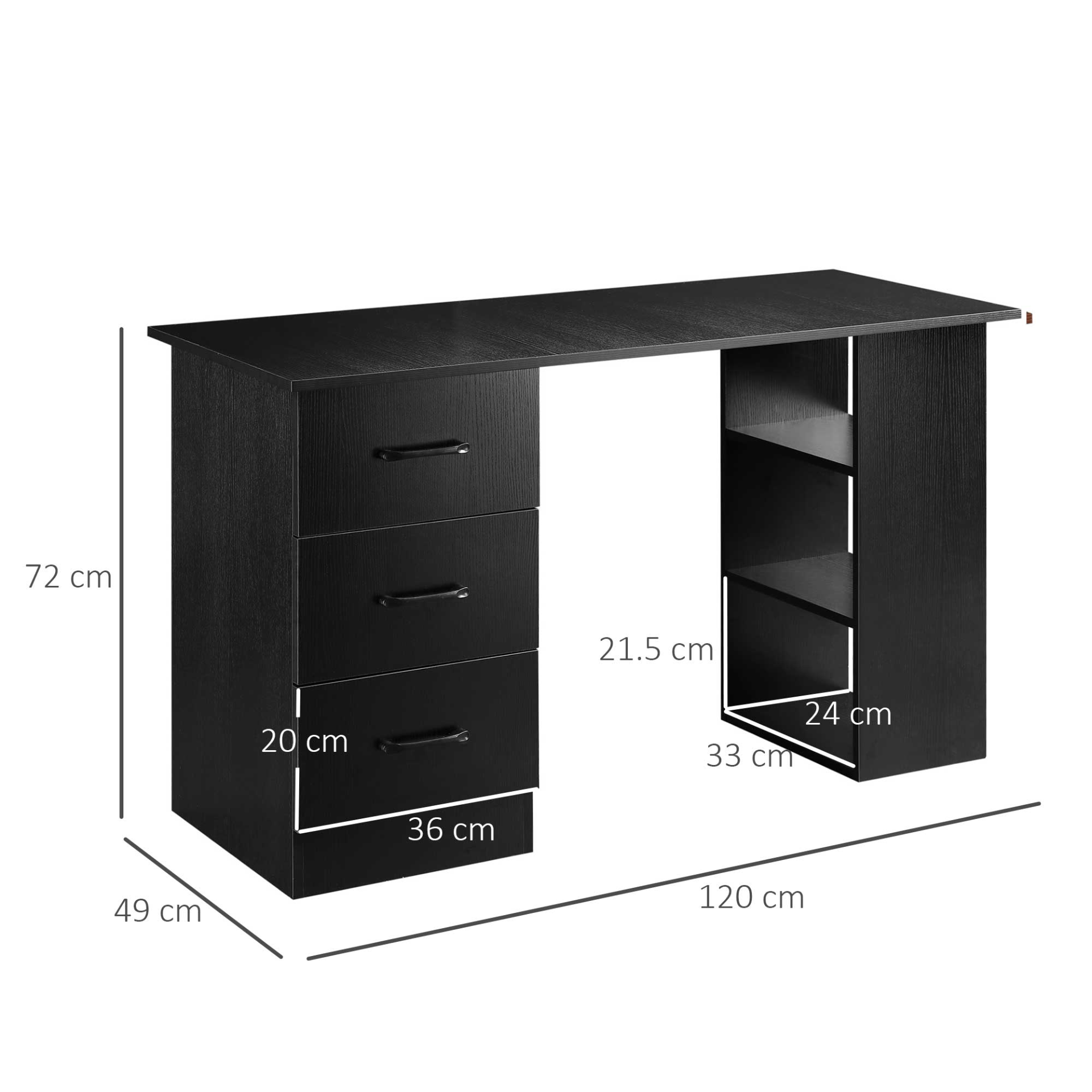 HOMCOM 120cm Computer Desk with Storage Shelves & Drawers | Home Office Workstation in Black - BEYRUN