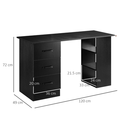 HOMCOM 120cm Computer Desk with Storage Shelves & Drawers | Home Office Workstation in Black - BEYRUN