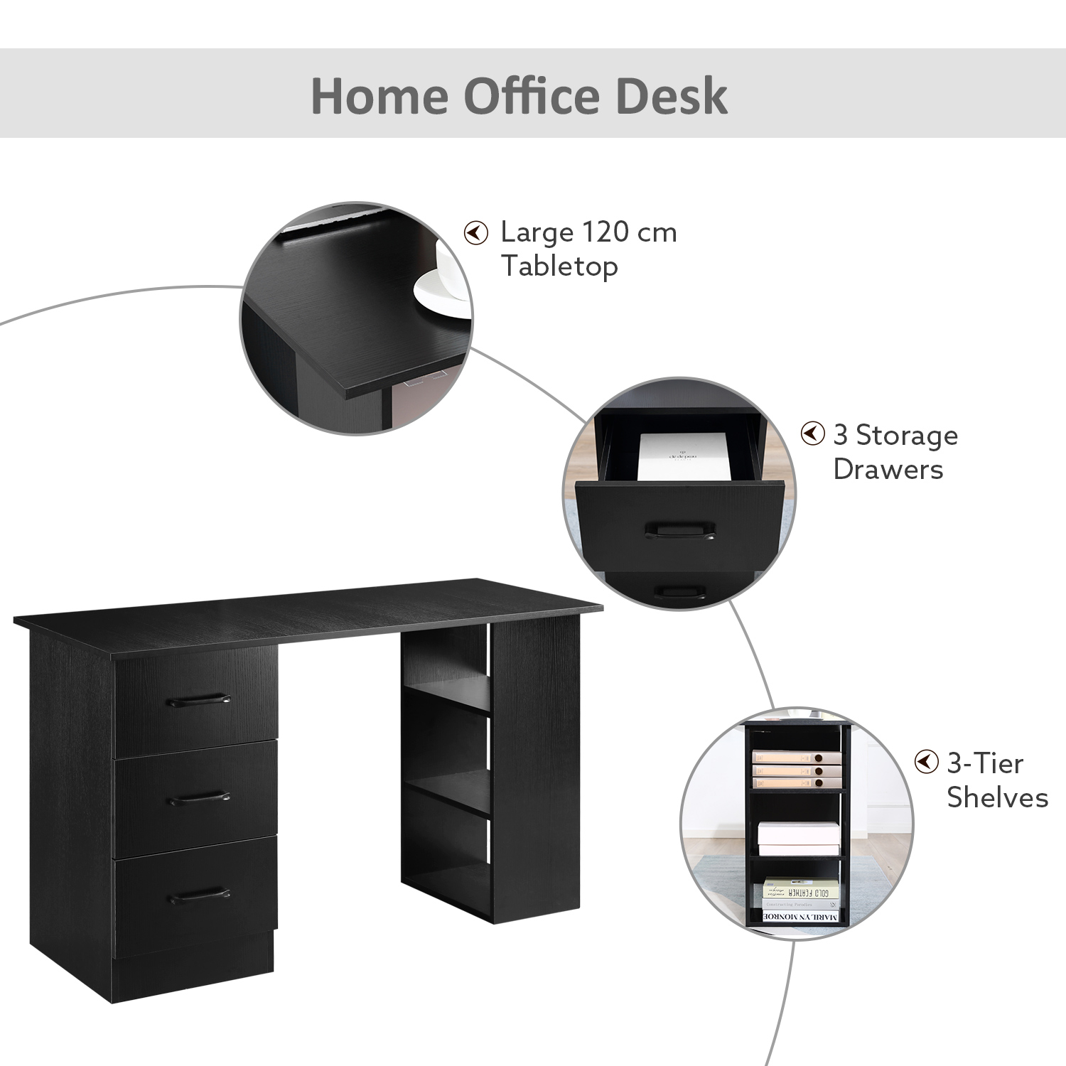 HOMCOM 120cm Computer Desk with Storage Shelves & Drawers | Home Office Workstation in Black - BEYRUN