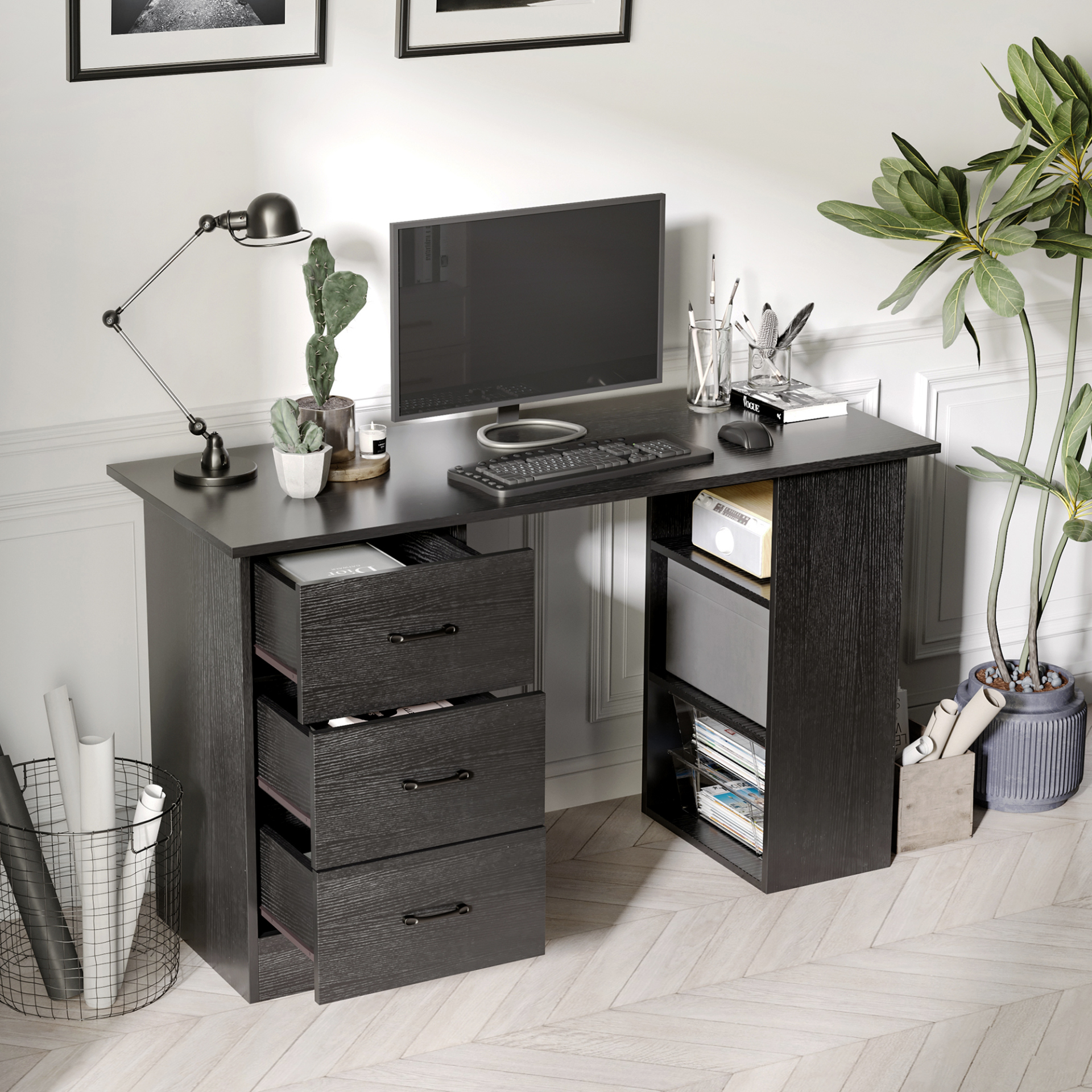 HOMCOM 120cm Computer Desk with Storage Shelves & Drawers | Home Office Workstation in Black - BEYRUN