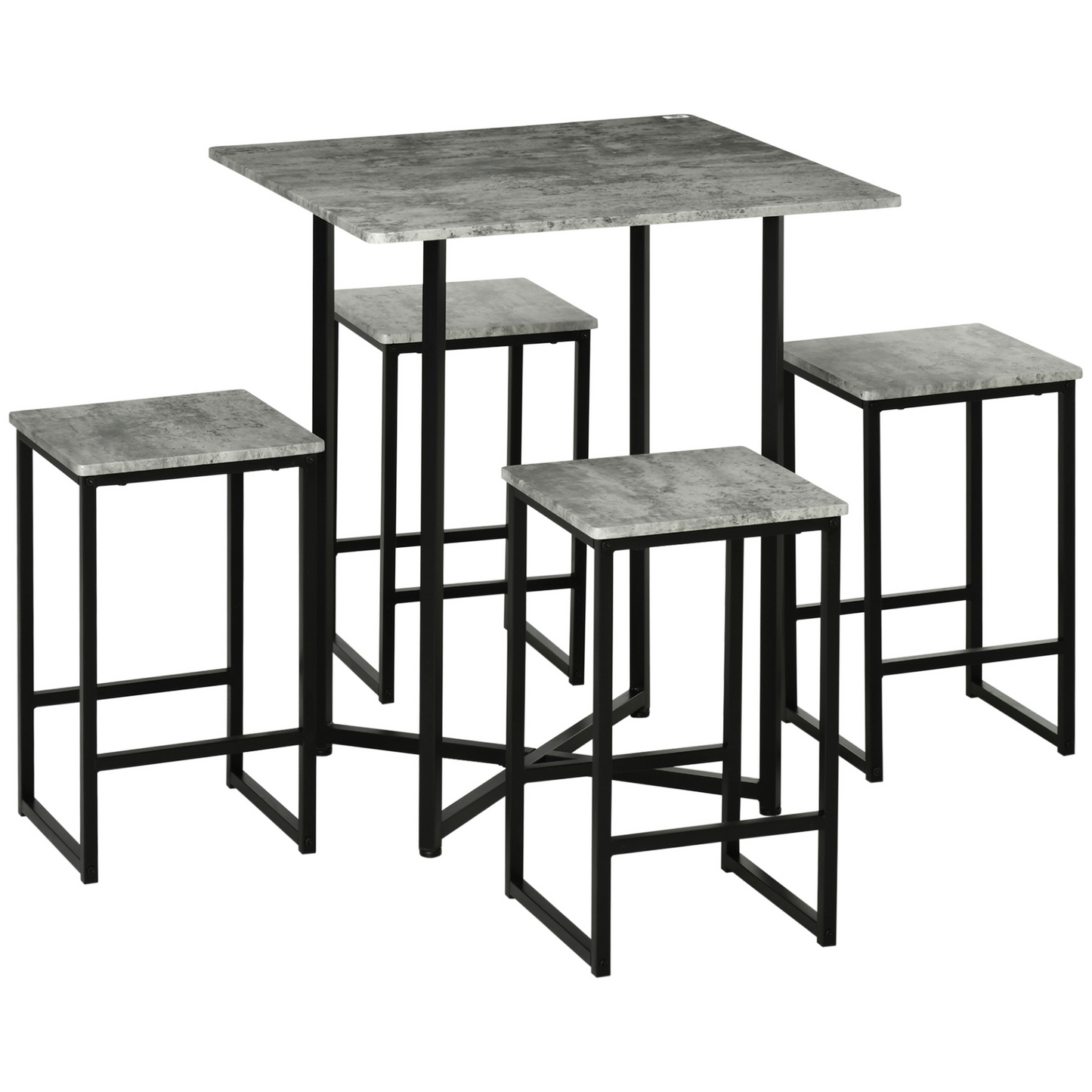 HOMCOM 5pc Bar Table Set - Modern Concrete Grey Dining Table with Steel Frame for Home Kitchens & Breakfast Bars - BEYRUN