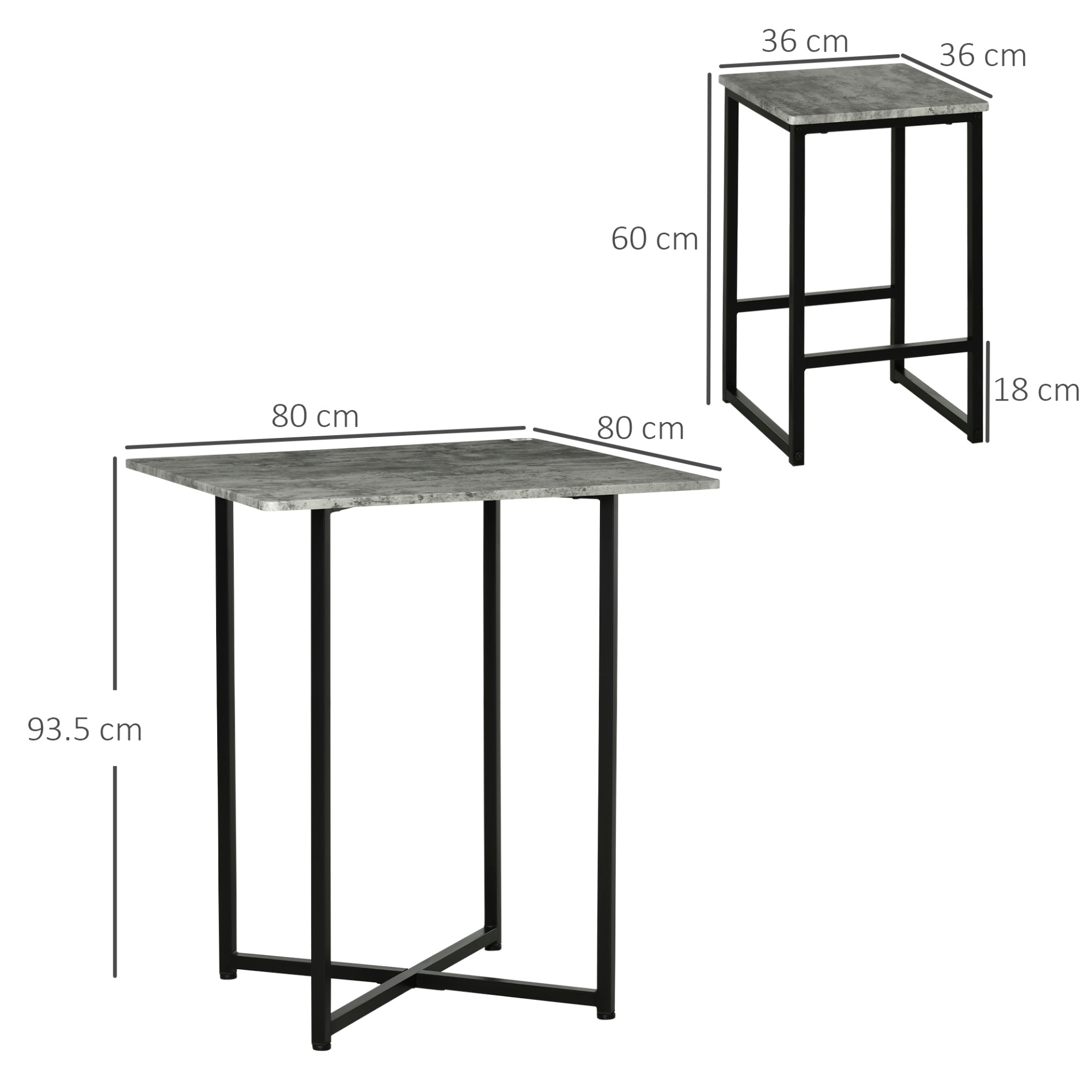 HOMCOM 5pc Bar Table Set - Modern Concrete Grey Dining Table with Steel Frame for Home Kitchens & Breakfast Bars - BEYRUN