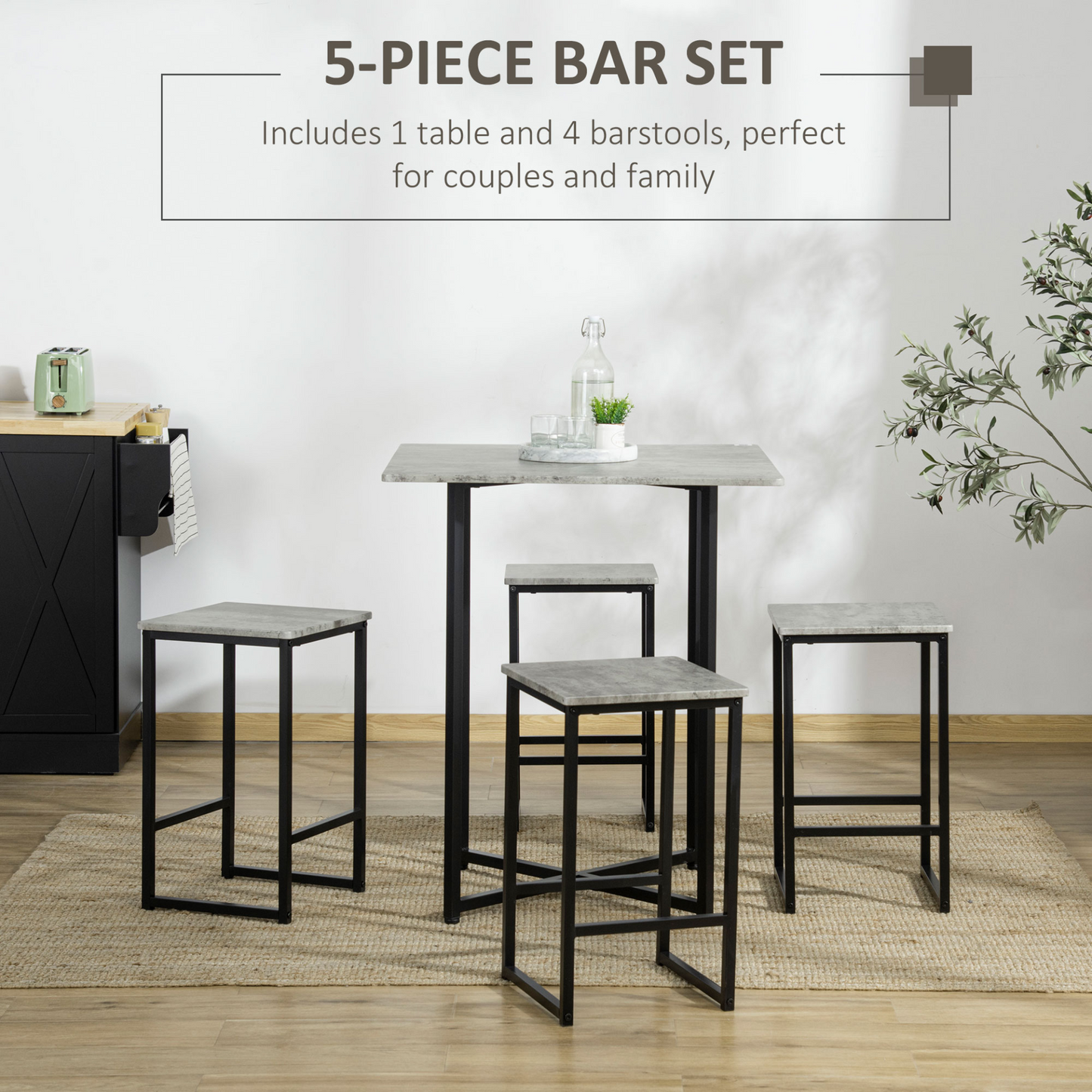 HOMCOM 5pc Bar Table Set - Modern Concrete Grey Dining Table with Steel Frame for Home Kitchens & Breakfast Bars - BEYRUN