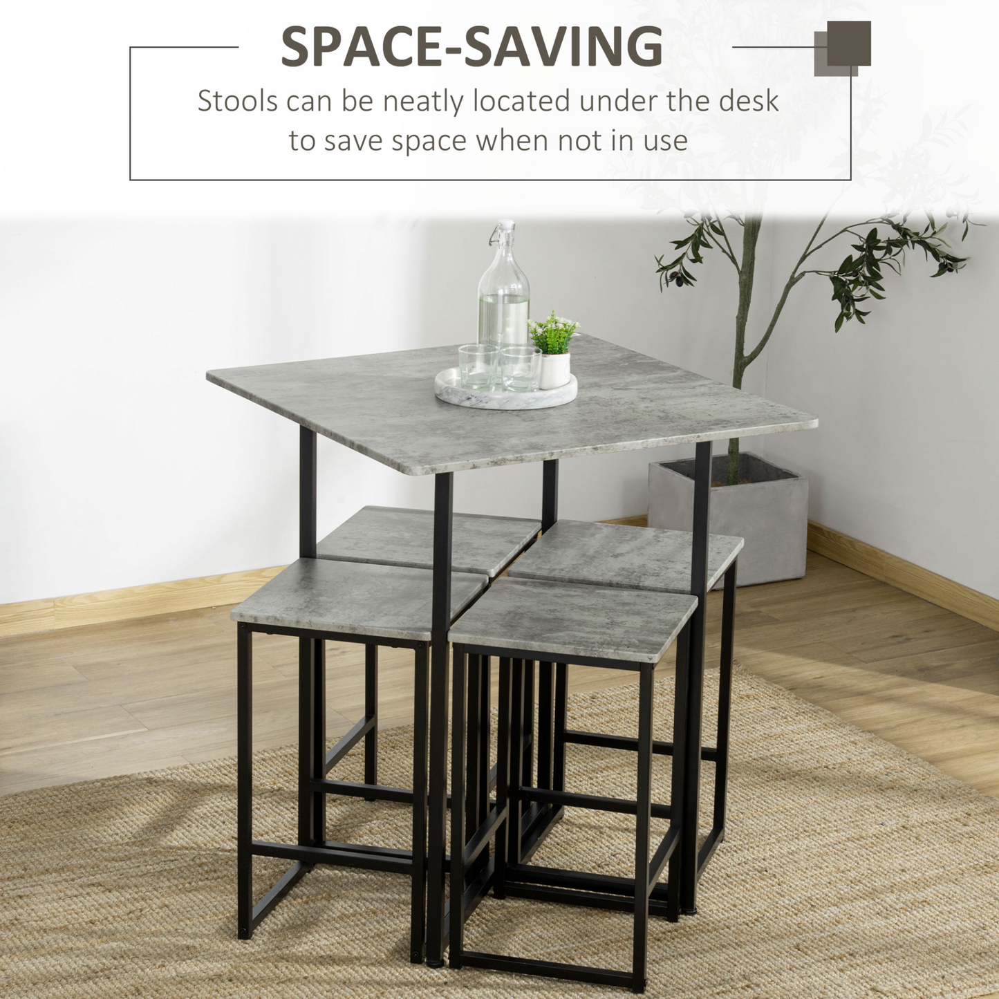 HOMCOM 5pc Bar Table Set - Modern Concrete Grey Dining Table with Steel Frame for Home Kitchens & Breakfast Bars - BEYRUN