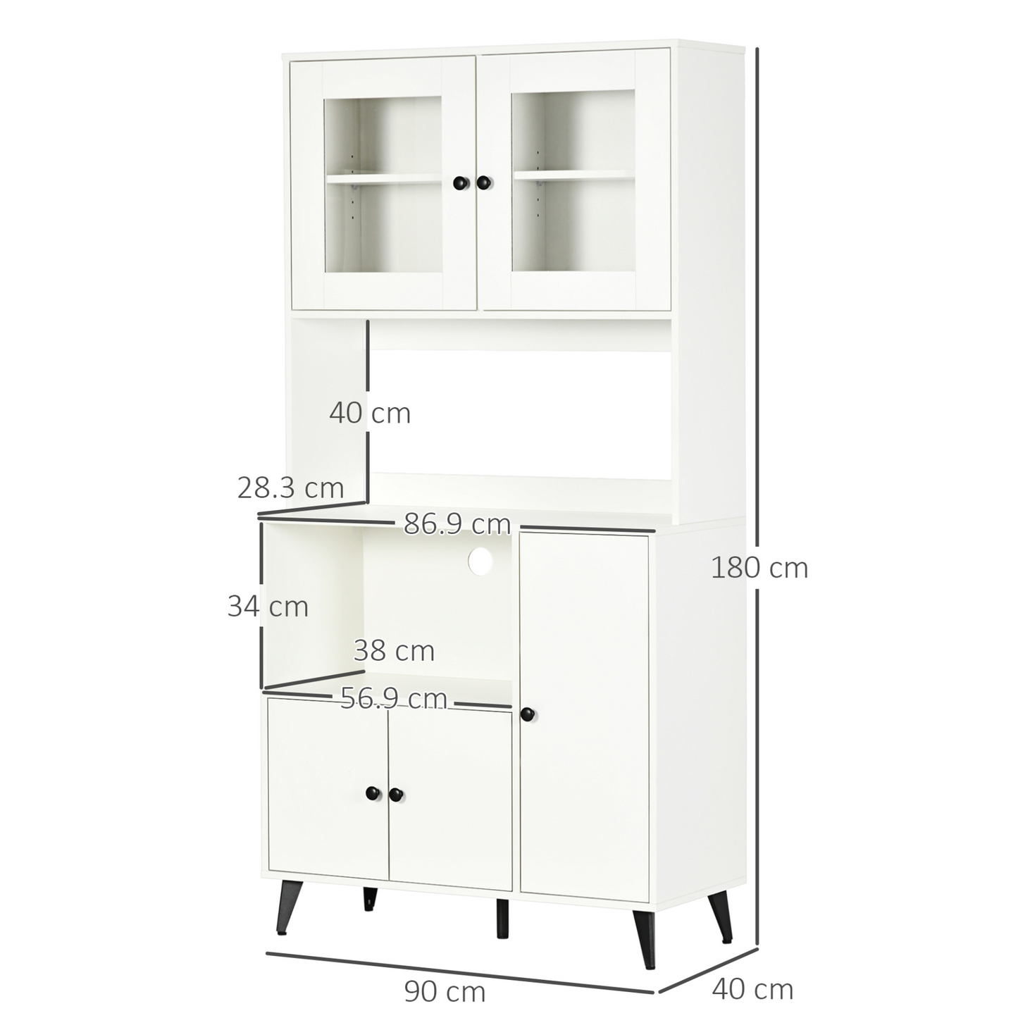 HOMCOM Freestanding Kitchen Cupboard - Modern White Storage Cabinet with Adjustable Shelves & Doors, 180cm - BEYRUN