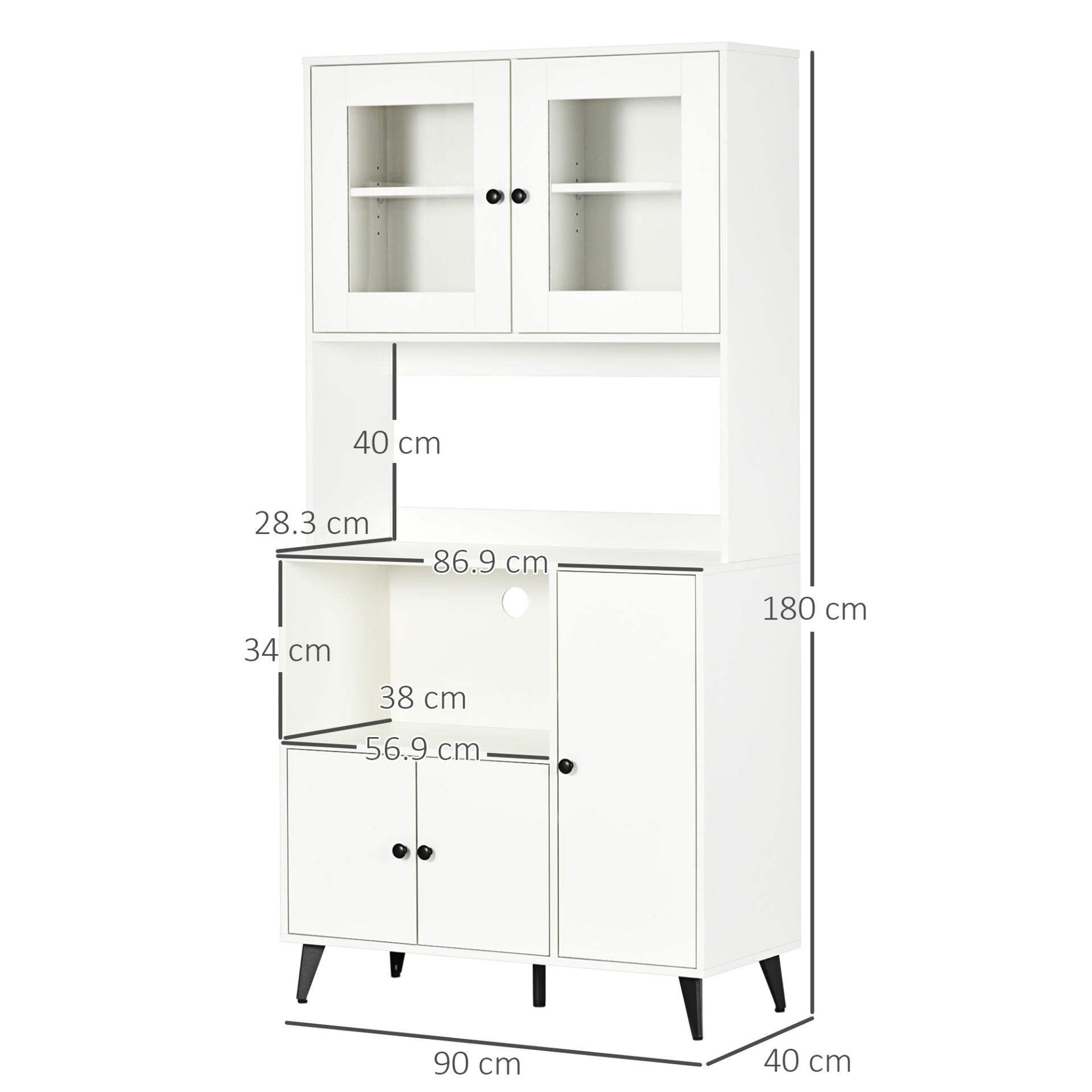 HOMCOM Freestanding Kitchen Cupboard - Modern White Storage Cabinet with Adjustable Shelves & Doors, 180cm - BEYRUN