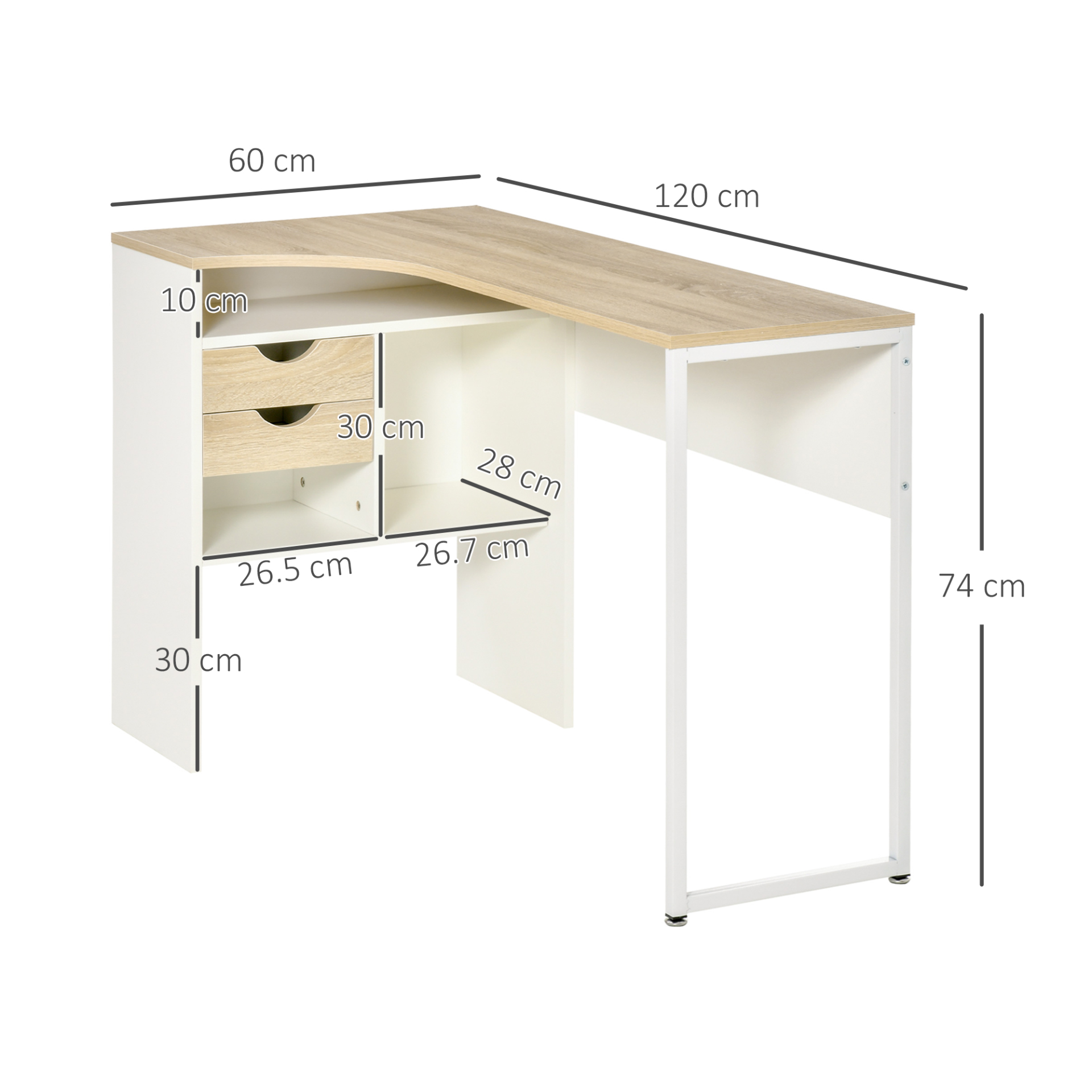 HOMCOM L-Shaped Corner Computer Desk with Storage, Drawers & Smooth Slide – Light Brown - BEYRUN