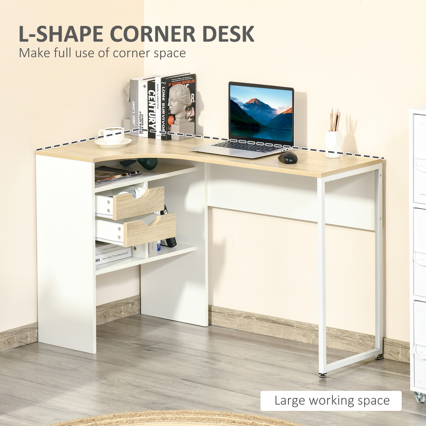 HOMCOM L-Shaped Corner Computer Desk with Storage, Drawers & Smooth Slide – Light Brown - BEYRUN