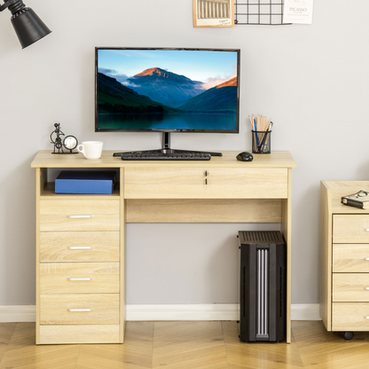 HOMCOM Oak Computer Desk with Lockable Drawer & Storage Shelf - Perfect for Home Office or Study - BEYRUN