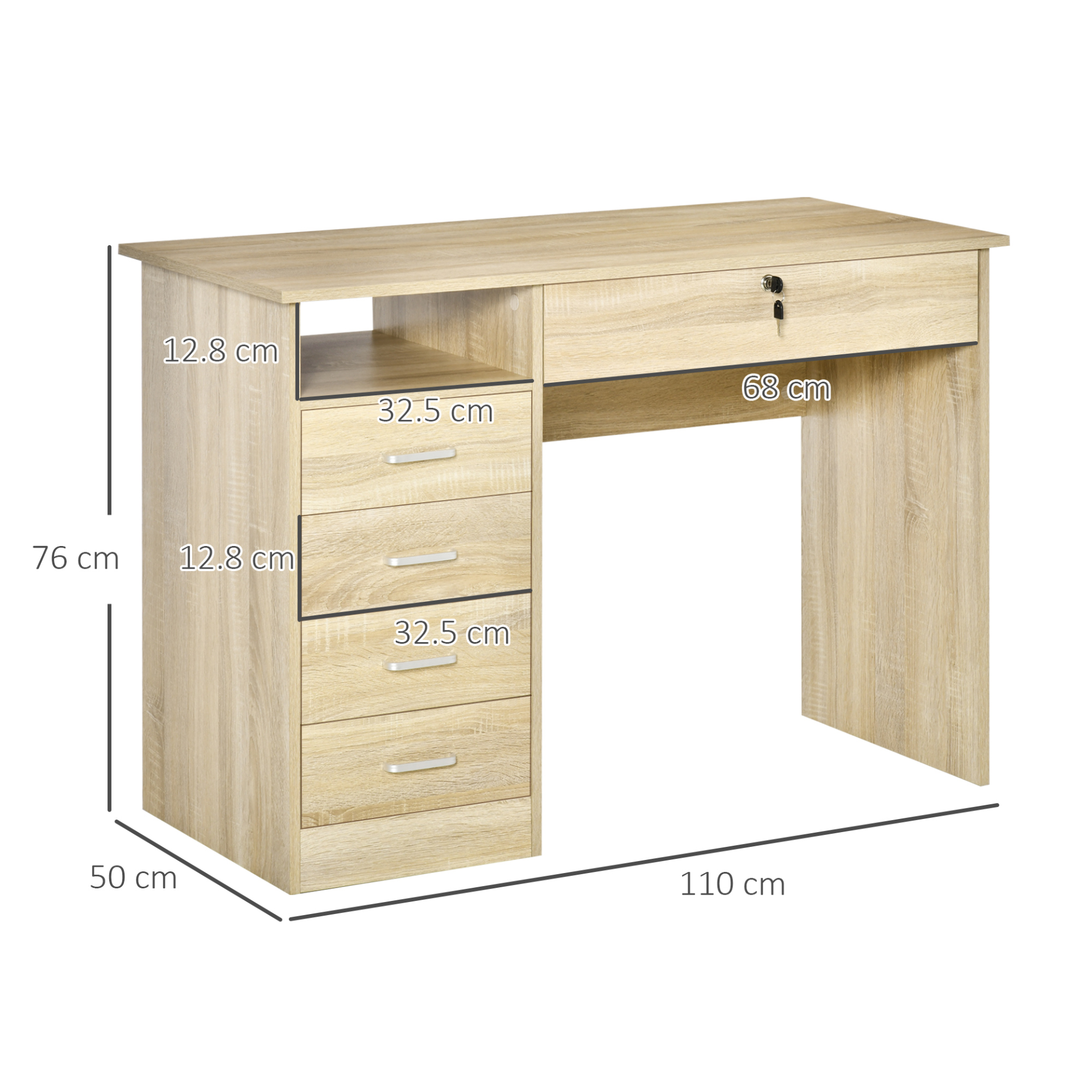 HOMCOM Oak Computer Desk with Lockable Drawer & Storage Shelf - Perfect for Home Office or Study - BEYRUN