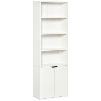 HOMCOM Tall Bookcase with 2 Doors & 4 Shelves - Modern White Storage Cupboard & Display Unit for Living Room, Study, Bedroom, and Home Office - BEYRUN